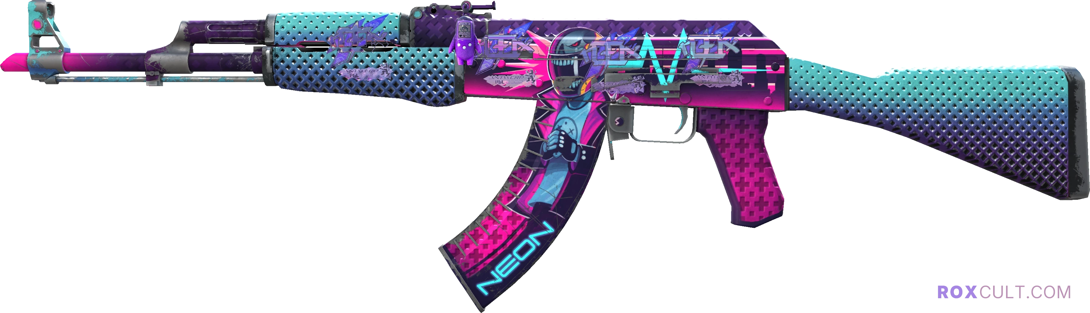 AK-47 | Neon Rider (Field-Tested) — rox (Holo) Antwerp 2022 craft, playside view with 4 rox (Holo) stickers
