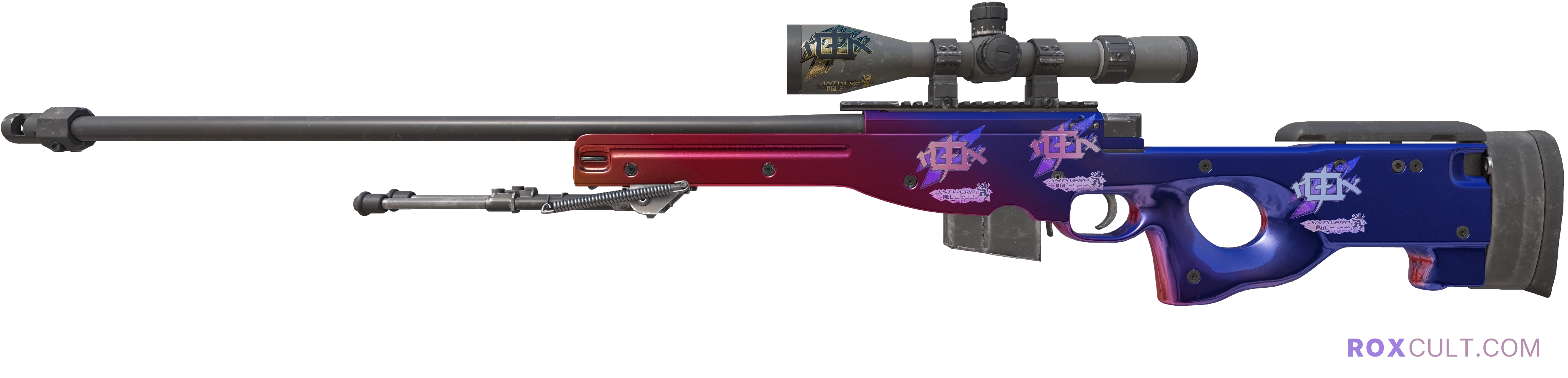 AWP | Fade (Factory New) — rox (Holo) Antwerp 2022 craft, playside view with 3 rox (Holo) stickers