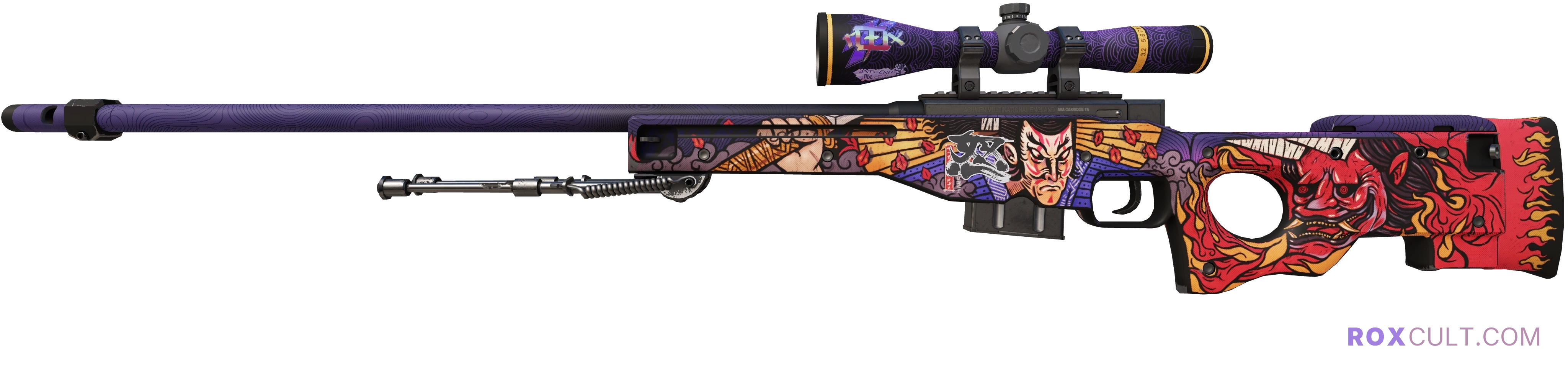 AWP | Oni Taiji (Factory New) — rox (Holo) Antwerp 2022 craft, playside view with 1 rox (Holo) sticker