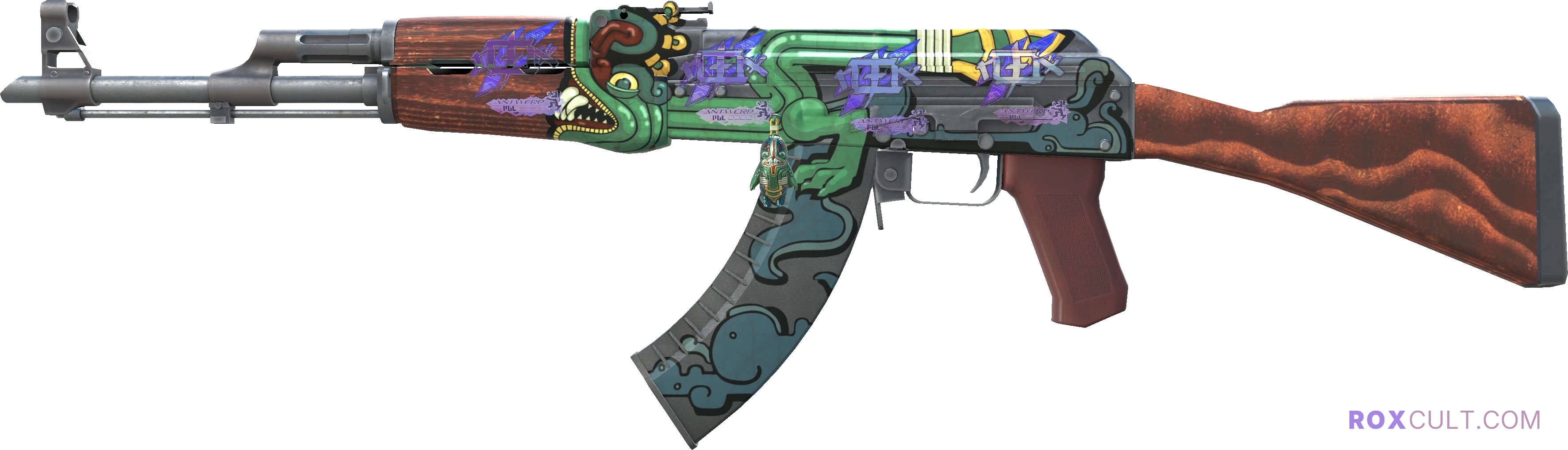 AK-47 | Fire Serpent (Minimal Wear) — rox (Holo) Antwerp 2022 craft, playside view with 4 rox (Holo) stickers