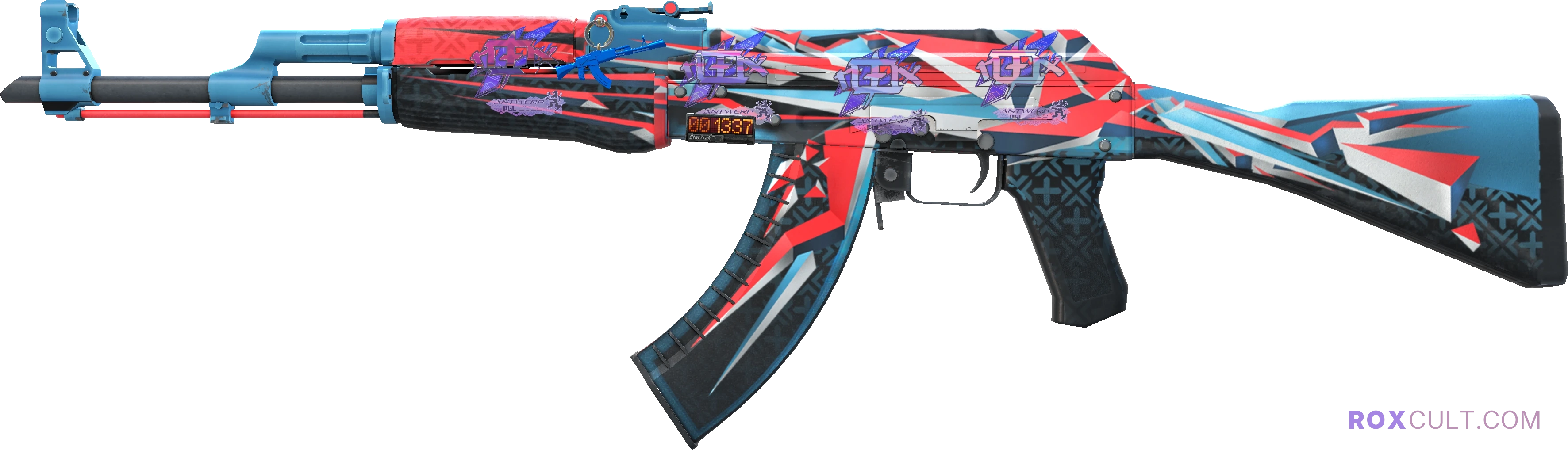 StatTrak™ AK-47 | Point Disarray (Factory New) — rox (Holo) Antwerp 2022 craft, playside view with 4 rox (Holo) stickers