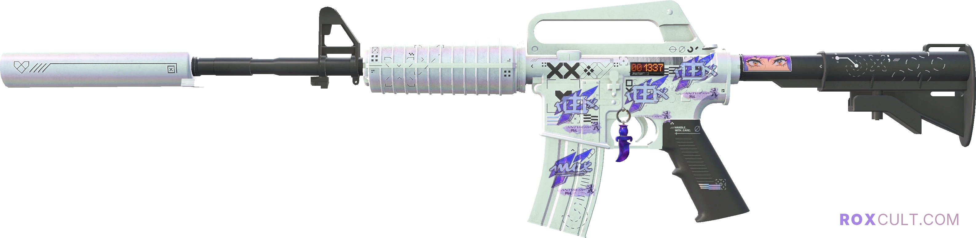 StatTrak™ M4A1-S | Printstream (Minimal Wear) — rox (Holo) Antwerp 2022 craft, playside view with 3 rox (Holo) stickers