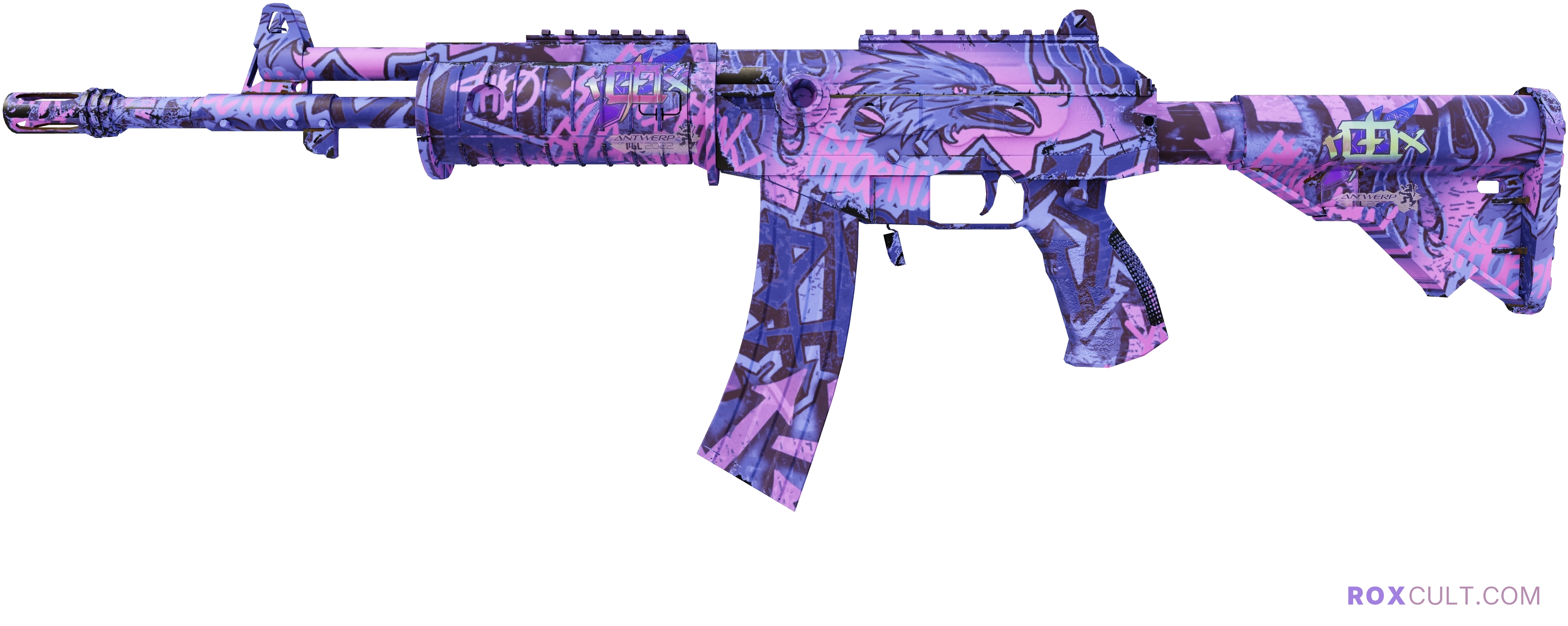 Galil AR | Phoenix Blacklight (Minimal Wear) — rox (Holo) Antwerp 2022 craft, playside view with 2 rox (Holo) stickers
