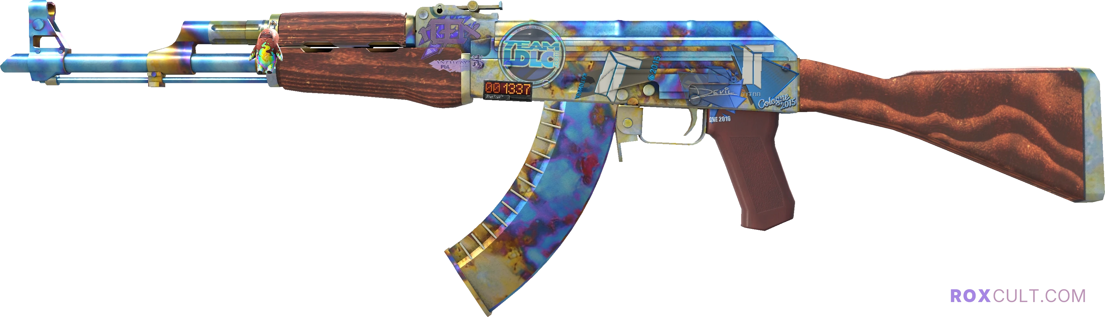 StatTrak™ AK-47 | Case Hardened (Field-Tested) — rox (Holo) Antwerp 2022 craft, playside view with 1 rox (Holo) sticker