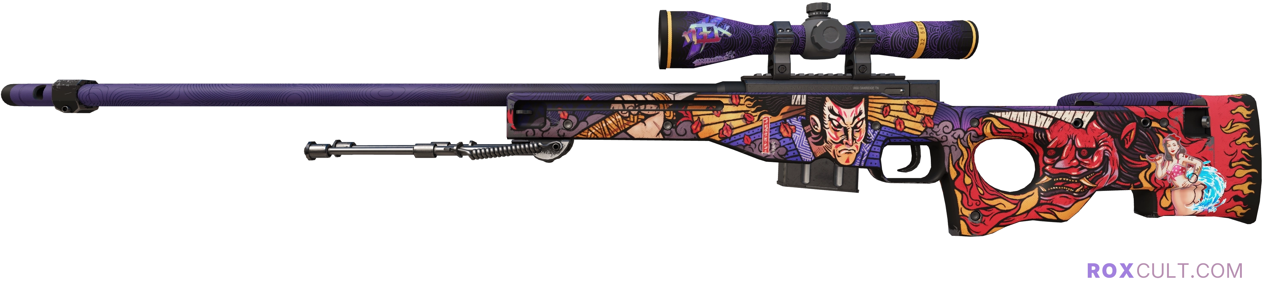AWP | Oni Taiji (Minimal Wear) — rox (Holo) Antwerp 2022 craft, playside view with 1 rox (Holo) sticker