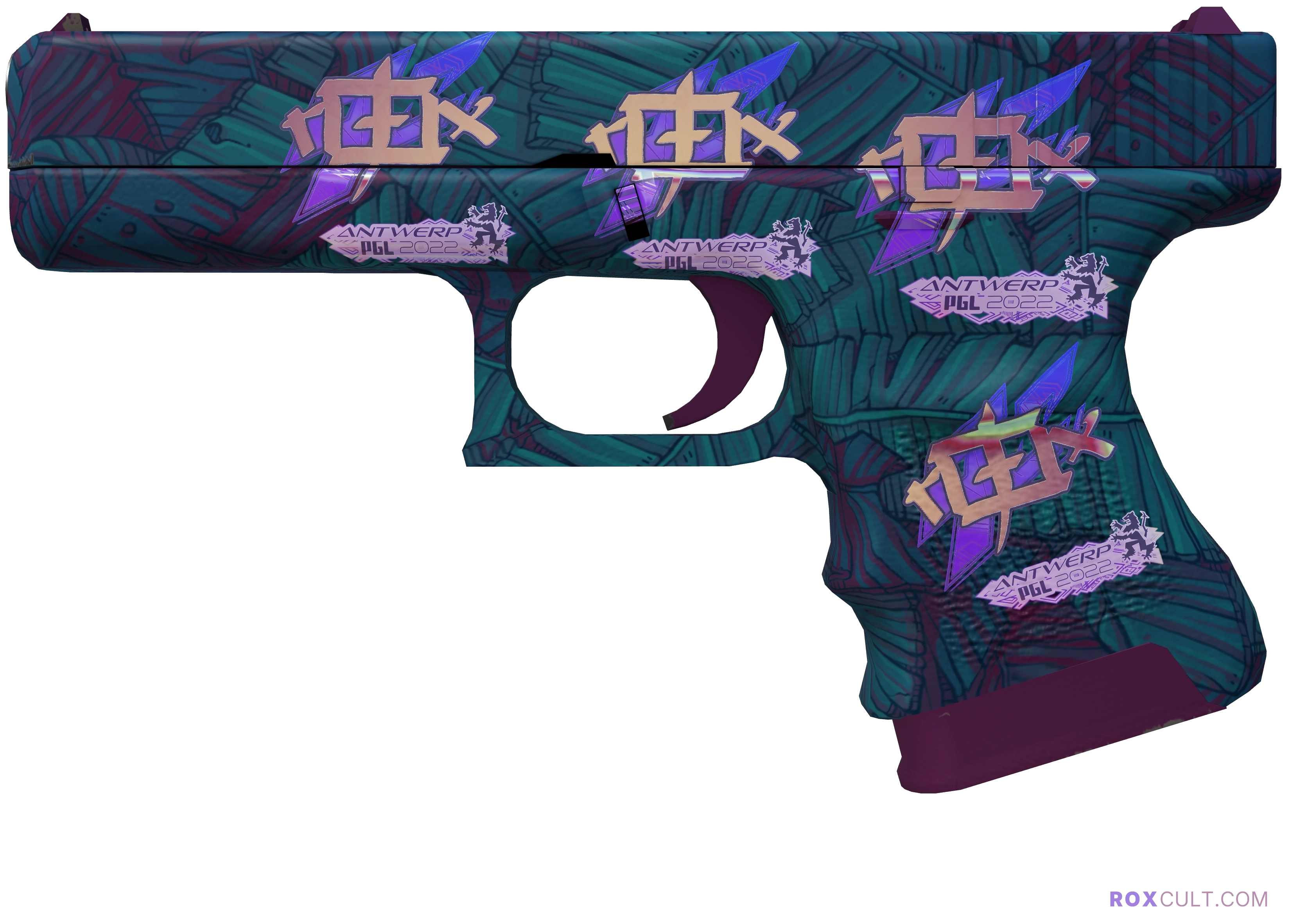 Glock-18 | Synth Leaf (Factory New) — rox (Holo) Antwerp 2022 craft, playside view with 4 rox (Holo) stickers