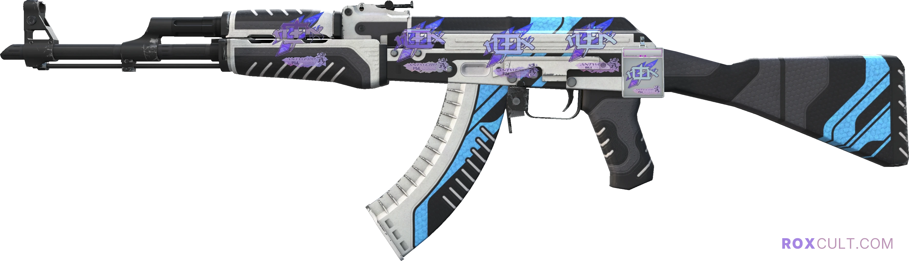 AK-47 | Vulcan (Factory New) — rox (Holo) Antwerp 2022 craft, playside view with 4 rox (Holo) stickers