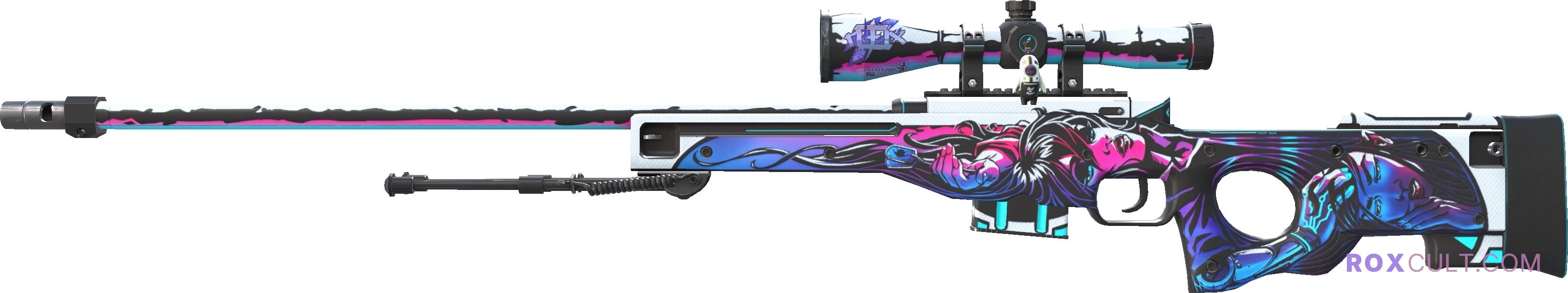 AWP | Neo-Noir (Factory New) — rox (Holo) Antwerp 2022 craft, playside view with 1 rox (Holo) sticker