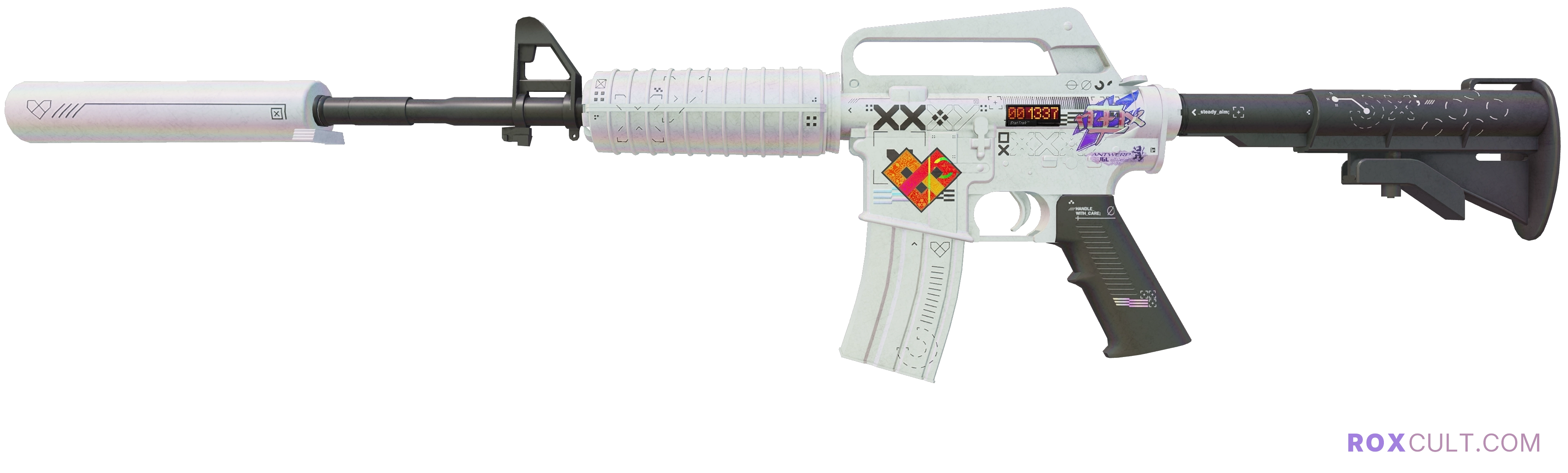 StatTrak™ M4A1-S | Printstream (Field-Tested) — rox (Holo) Antwerp 2022 craft, playside view with 1 rox (Holo) sticker