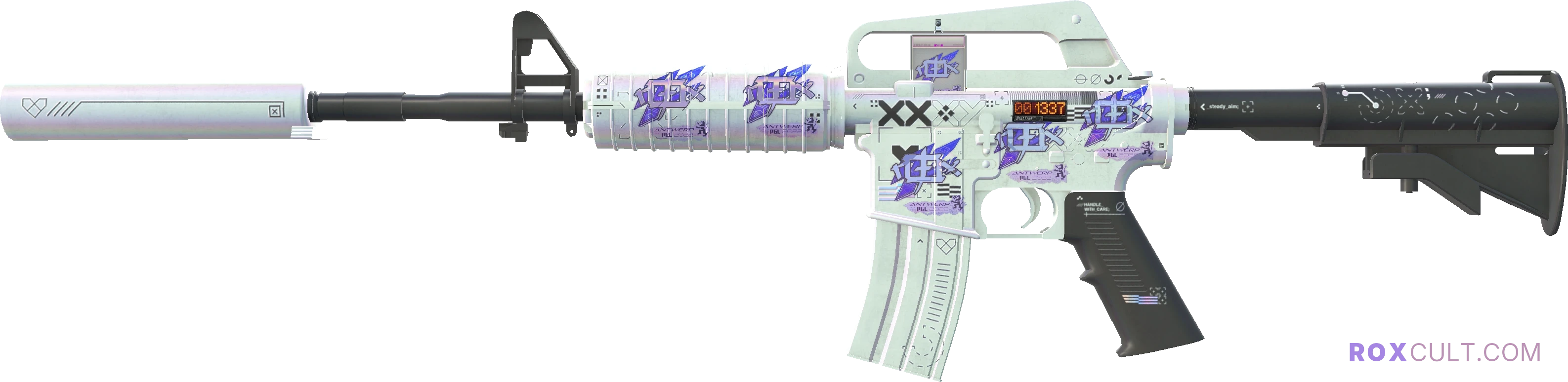 StatTrak™ M4A1-S | Printstream (Minimal Wear) — rox (Holo) Antwerp 2022 craft, playside view with 5 rox (Holo) stickers