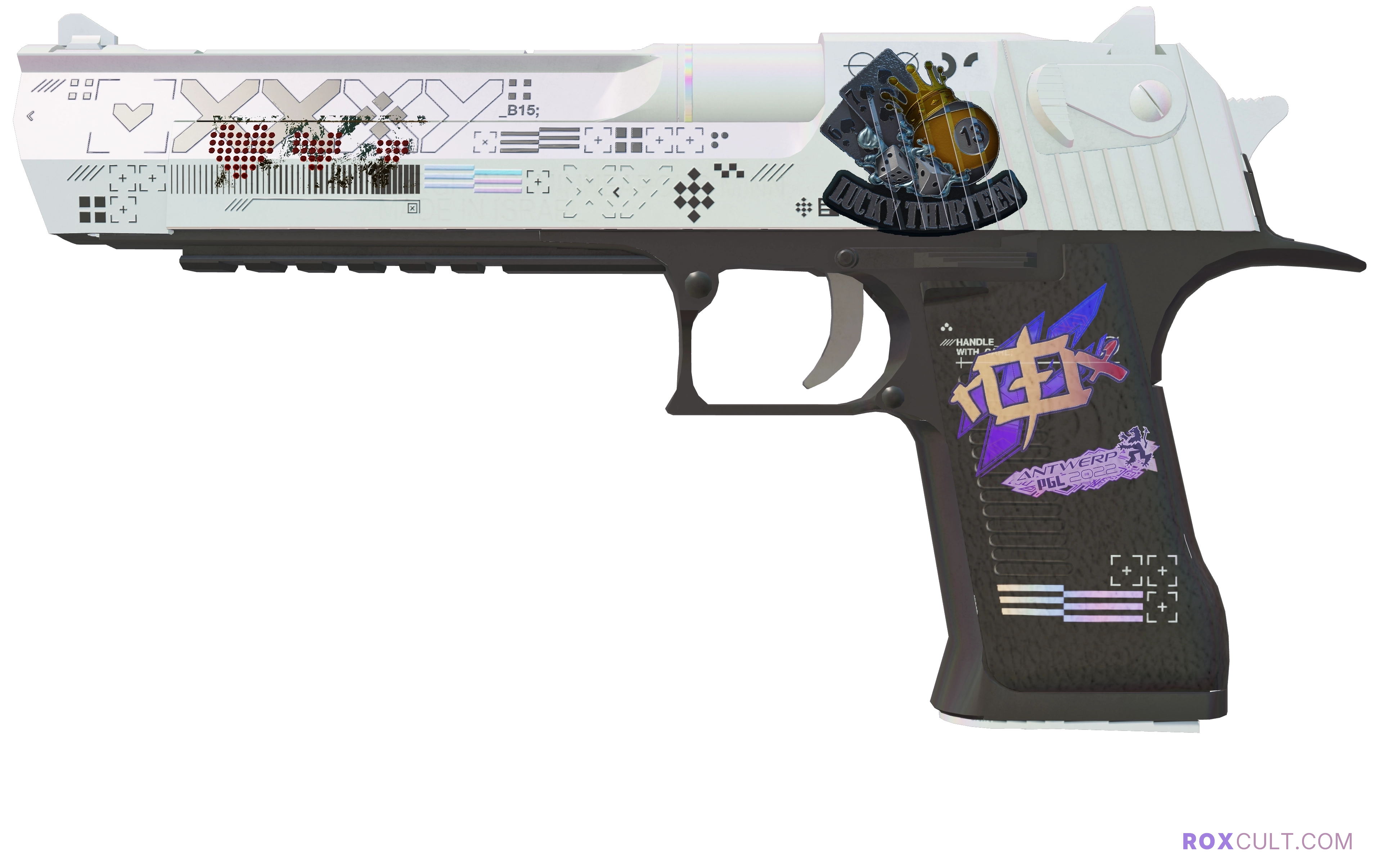 Desert Eagle | Printstream (Factory New) — rox (Holo) Antwerp 2022 craft, playside view with 1 rox (Holo) sticker