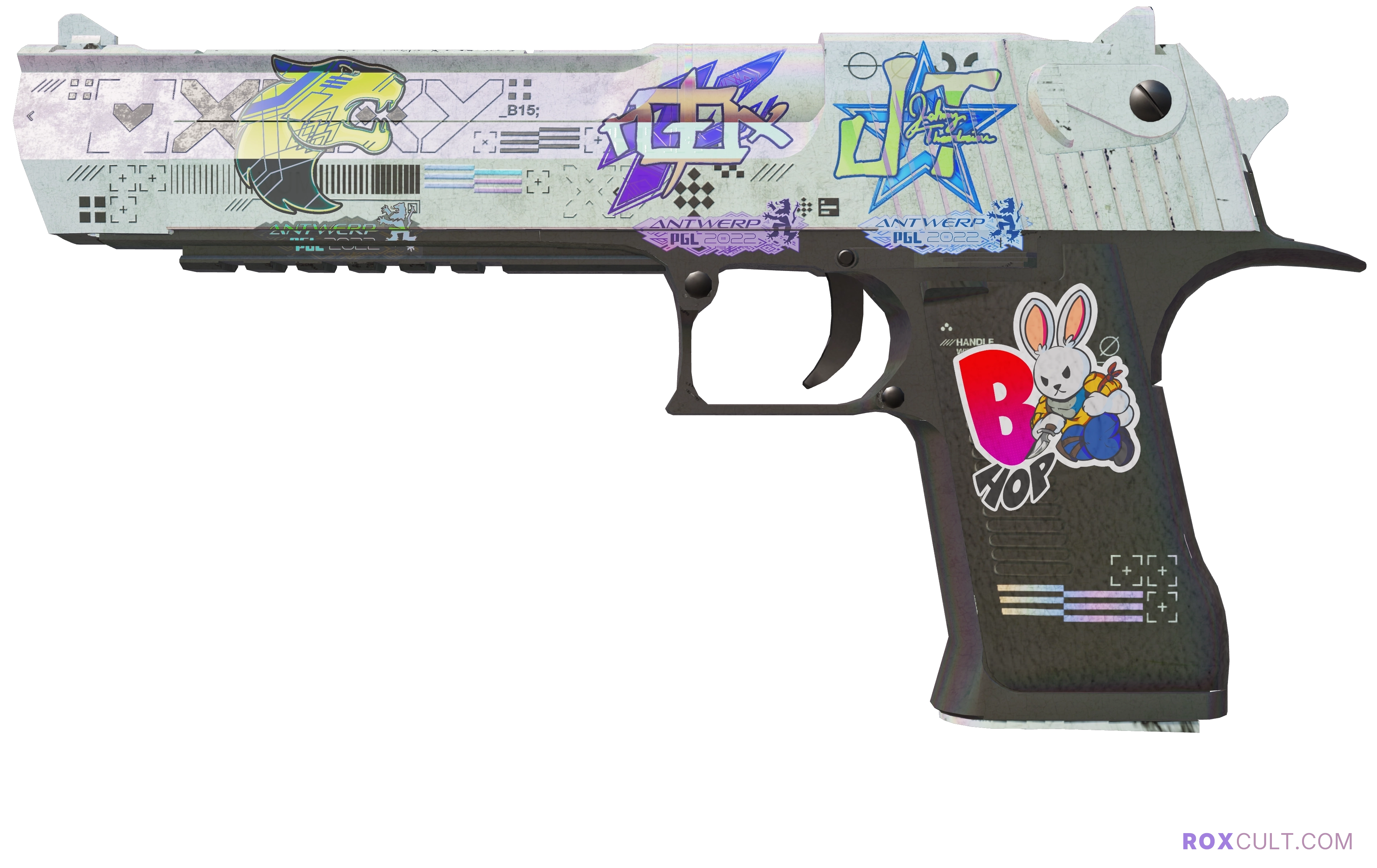 Desert Eagle | Printstream (Battle-Scarred) — rox (Holo) Antwerp 2022 craft, playside view with 1 rox (Holo) sticker