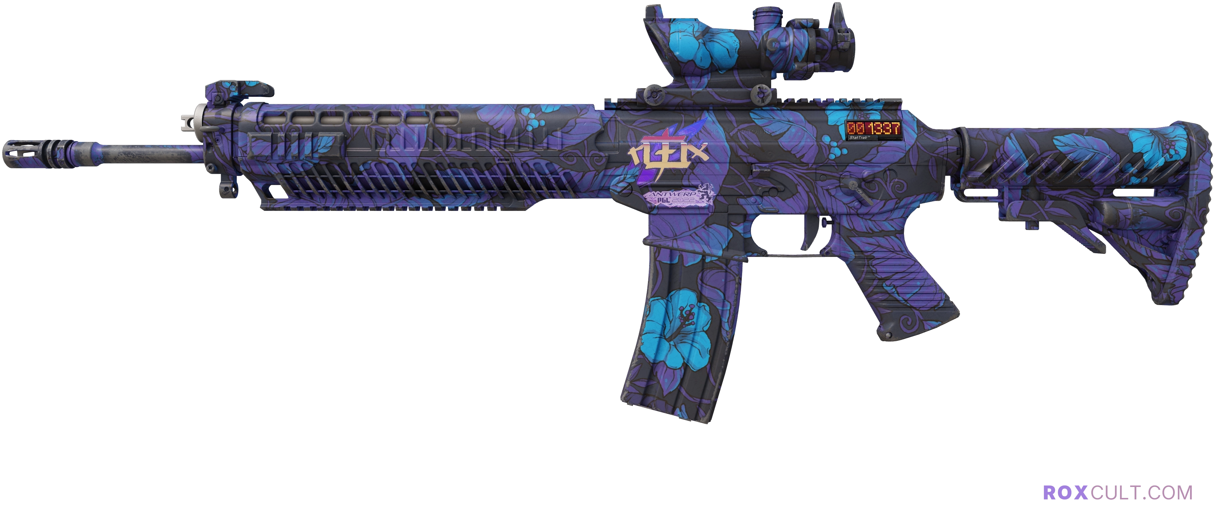 StatTrak™ SG 553 | Aloha (Minimal Wear) — rox (Holo) Antwerp 2022 craft, playside view with 1 rox (Holo) sticker