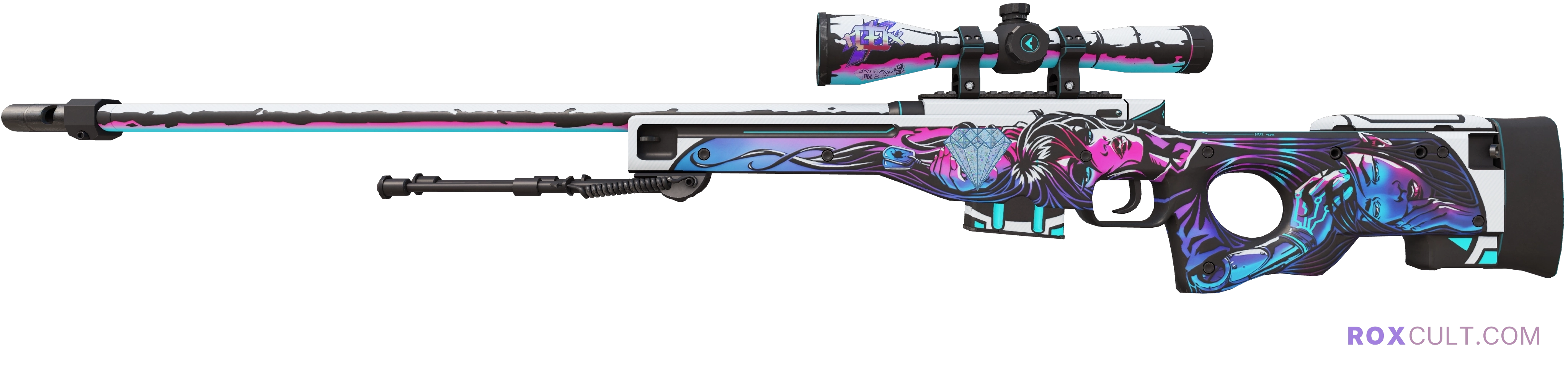 AWP | Neo-Noir (Factory New) — rox (Holo) Antwerp 2022 craft, playside view with 1 rox (Holo) sticker
