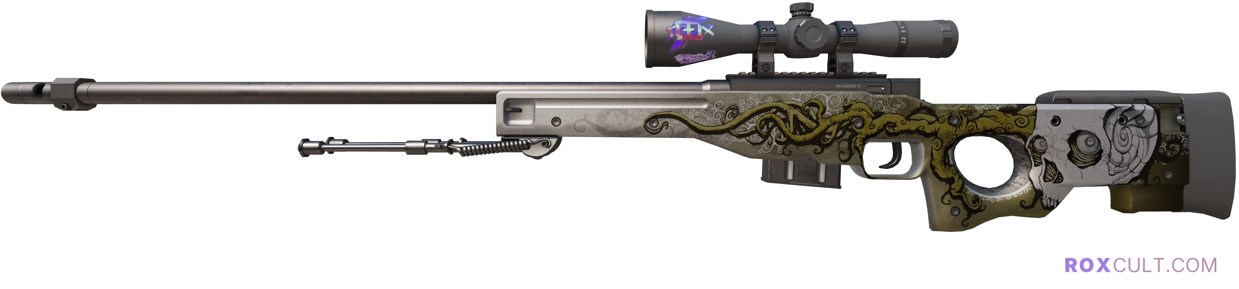 AWP | Worm God (Factory New) — rox (Holo) Antwerp 2022 craft, playside view with 1 rox (Holo) sticker
