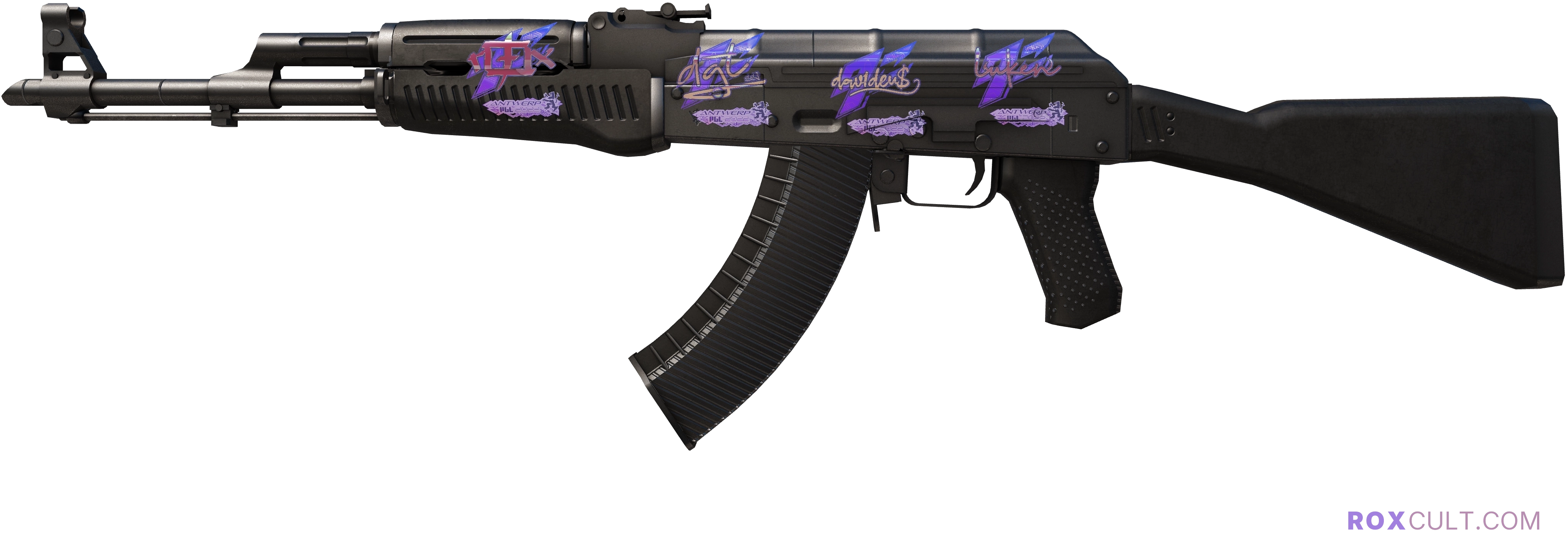 AK-47 | Slate (Factory New) — rox (Holo) Antwerp 2022 craft, playside view with 1 rox (Holo) sticker