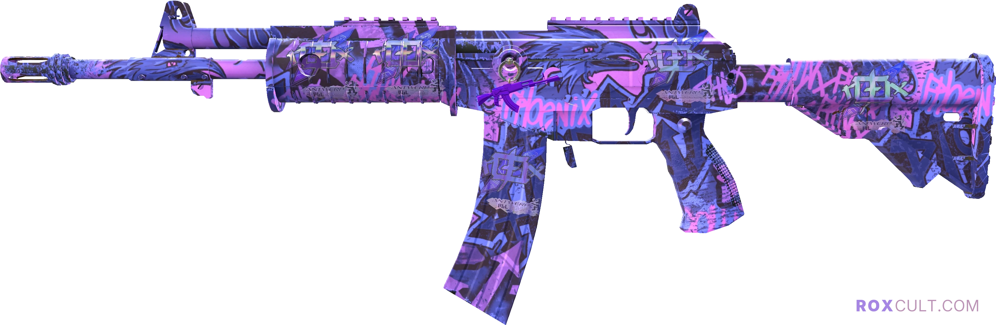 Galil AR | Phoenix Blacklight (Factory New) — rox (Holo) Antwerp 2022 craft, playside view with 5 rox (Holo) stickers