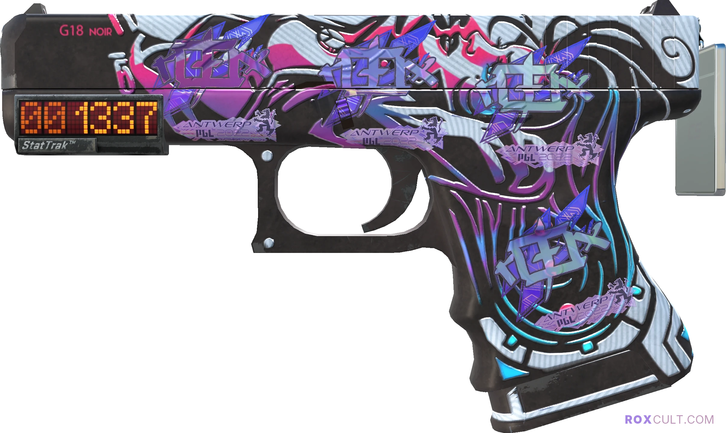 StatTrak™ Glock-18 | Neo-Noir (Minimal Wear) — rox (Holo) Antwerp 2022 craft, playside view with 4 rox (Holo) stickers