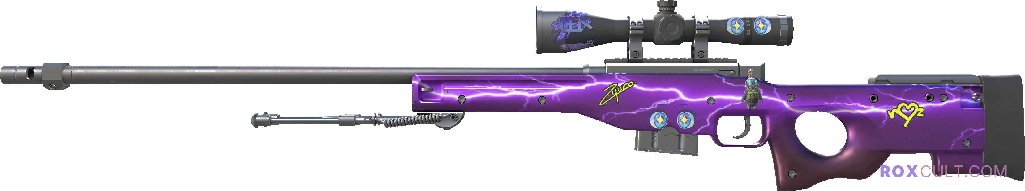 AWP | Lightning Strike (Factory New) — rox (Holo) Antwerp 2022 craft, playside view with 1 rox (Holo) sticker