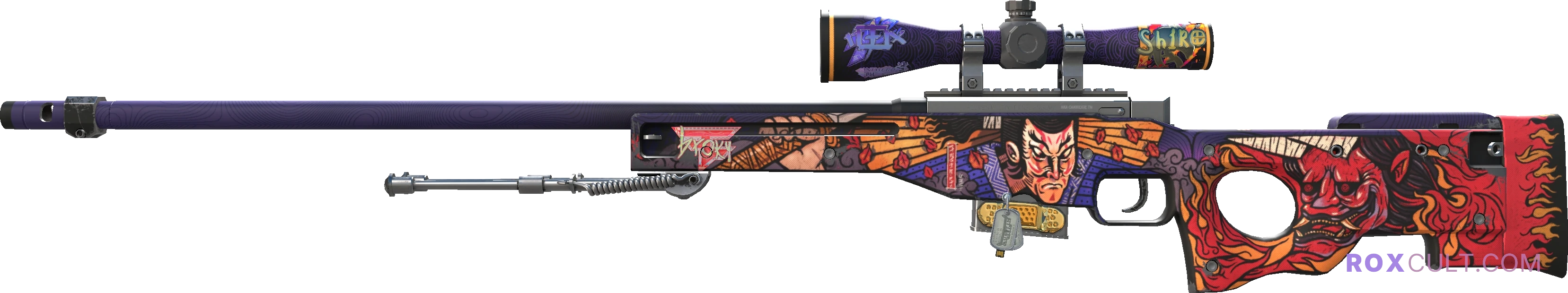 AWP | Oni Taiji (Minimal Wear) — rox (Holo) Antwerp 2022 craft, playside view with 1 rox (Holo) sticker