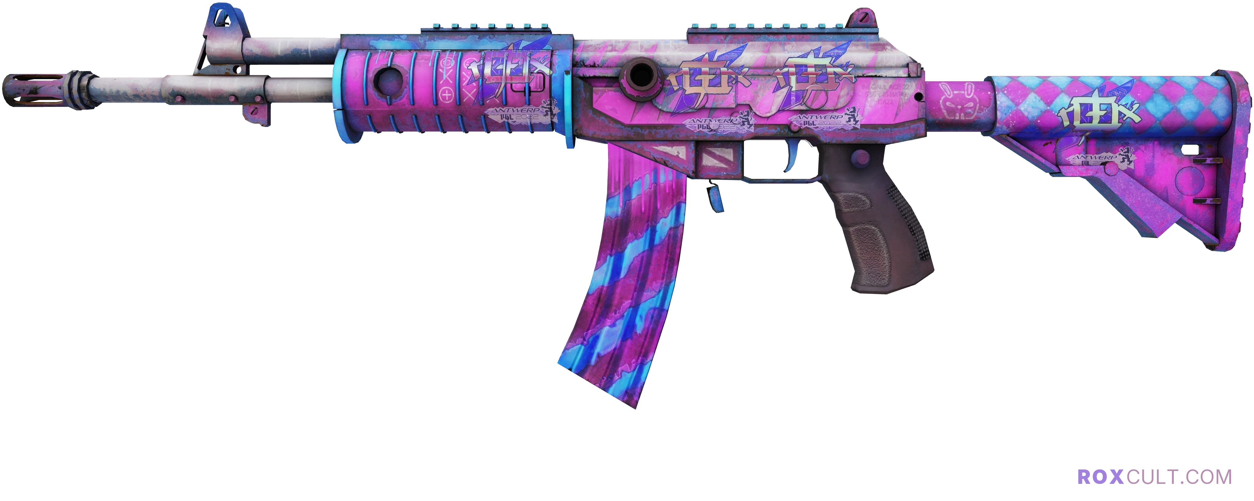 Galil AR | Sugar Rush (Factory New) — rox (Holo) Antwerp 2022 craft, playside view with 4 rox (Holo) stickers