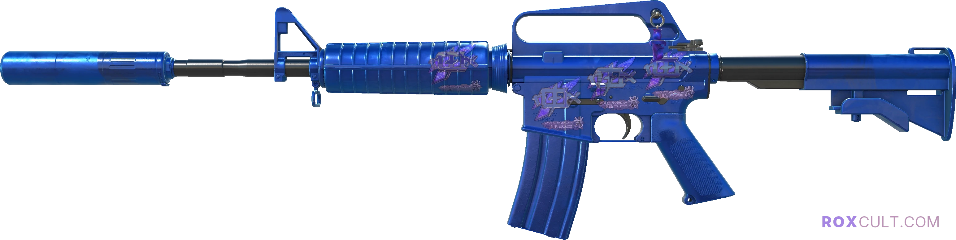M4A1-S | Blue Phosphor (Factory New) — rox (Holo) Antwerp 2022 craft, playside view with 4 rox (Holo) stickers