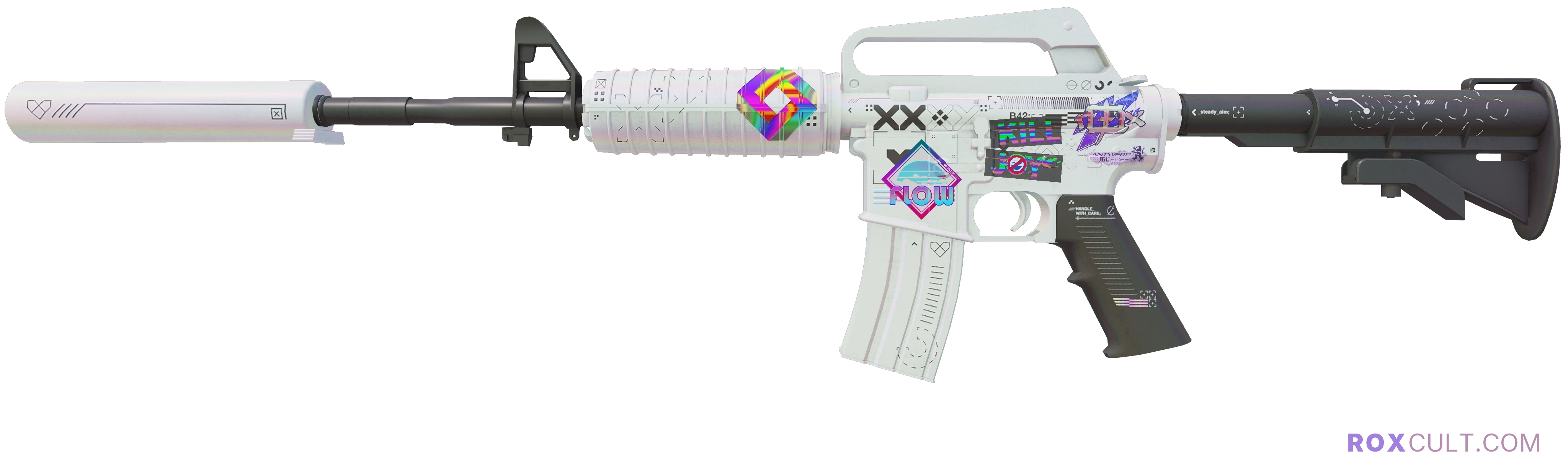 M4A1-S | Printstream (Factory New) — rox (Holo) Antwerp 2022 craft, playside view with 1 rox (Holo) sticker
