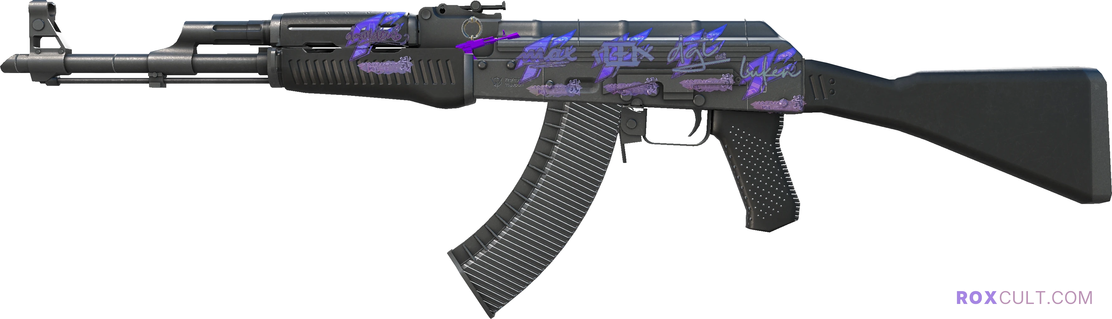 AK-47 | Slate (Minimal Wear) — rox (Holo) Antwerp 2022 craft, playside view with 1 rox (Holo) sticker