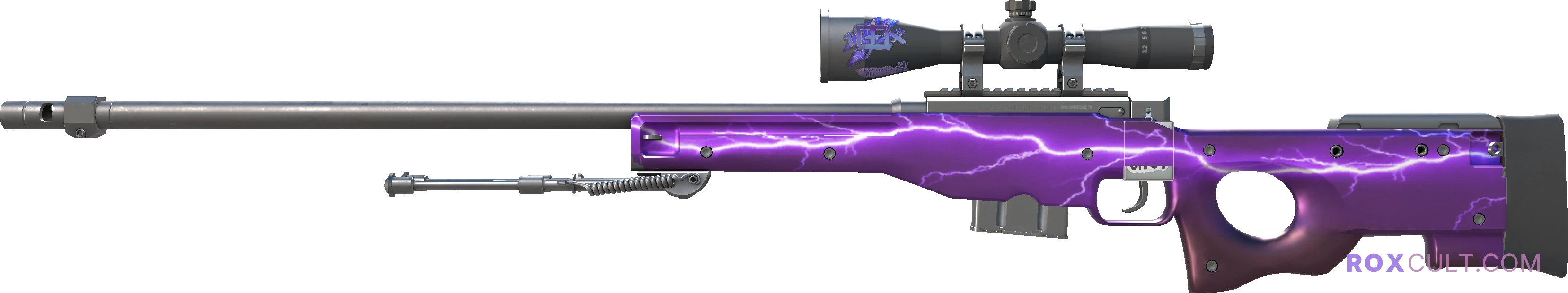 AWP | Lightning Strike (Factory New) — rox (Holo) Antwerp 2022 craft, playside view with 1 rox (Holo) sticker