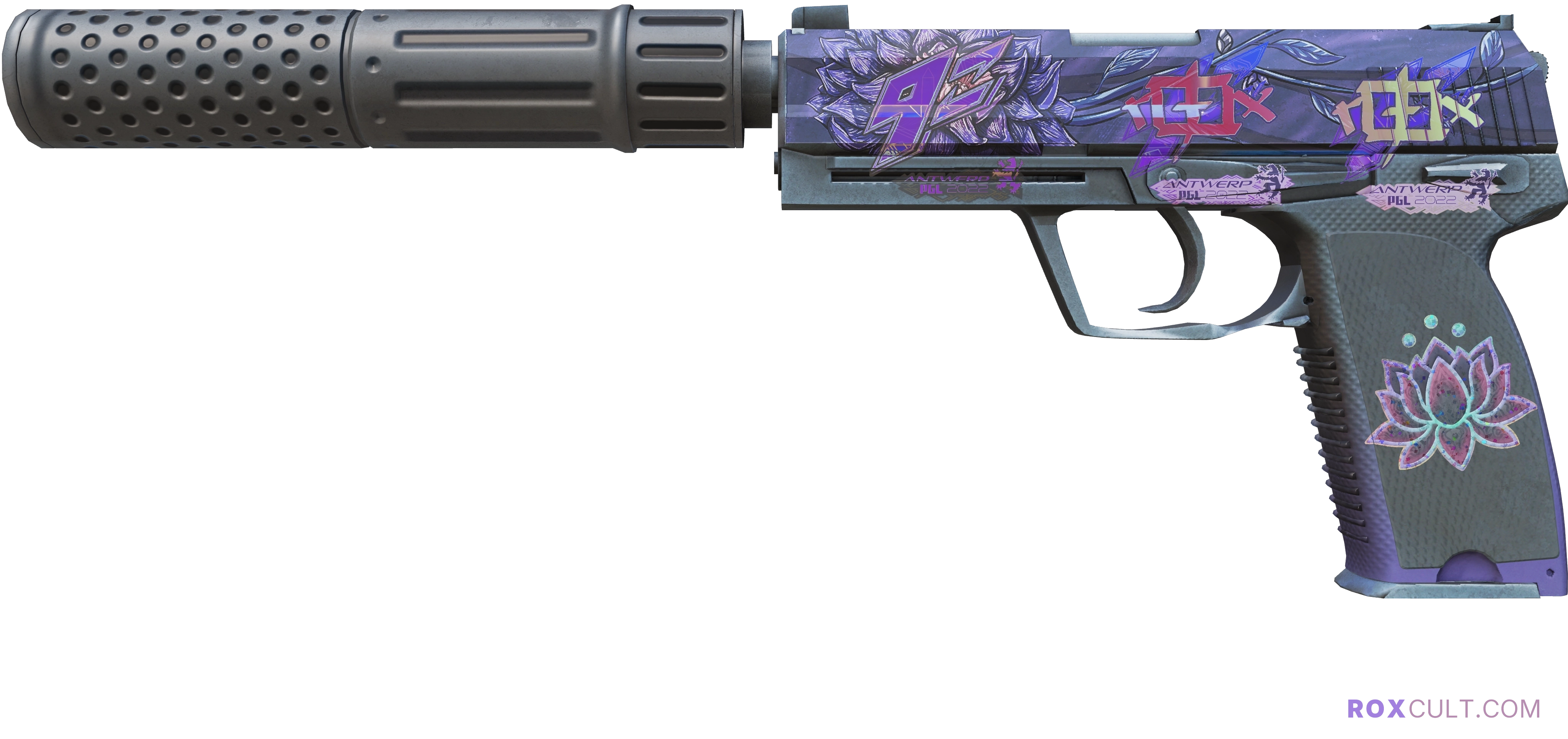 USP-S | Black Lotus (Factory New) — rox (Holo) Antwerp 2022 craft, playside view with 2 rox (Holo) stickers