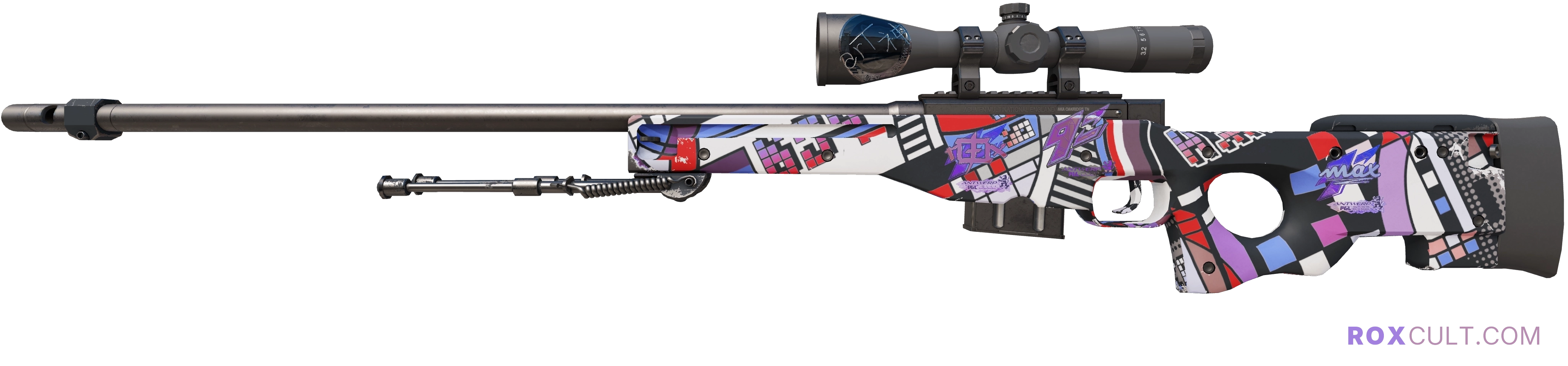 AWP | POP AWP (Factory New) — rox (Holo) Antwerp 2022 craft, playside view with 1 rox (Holo) sticker