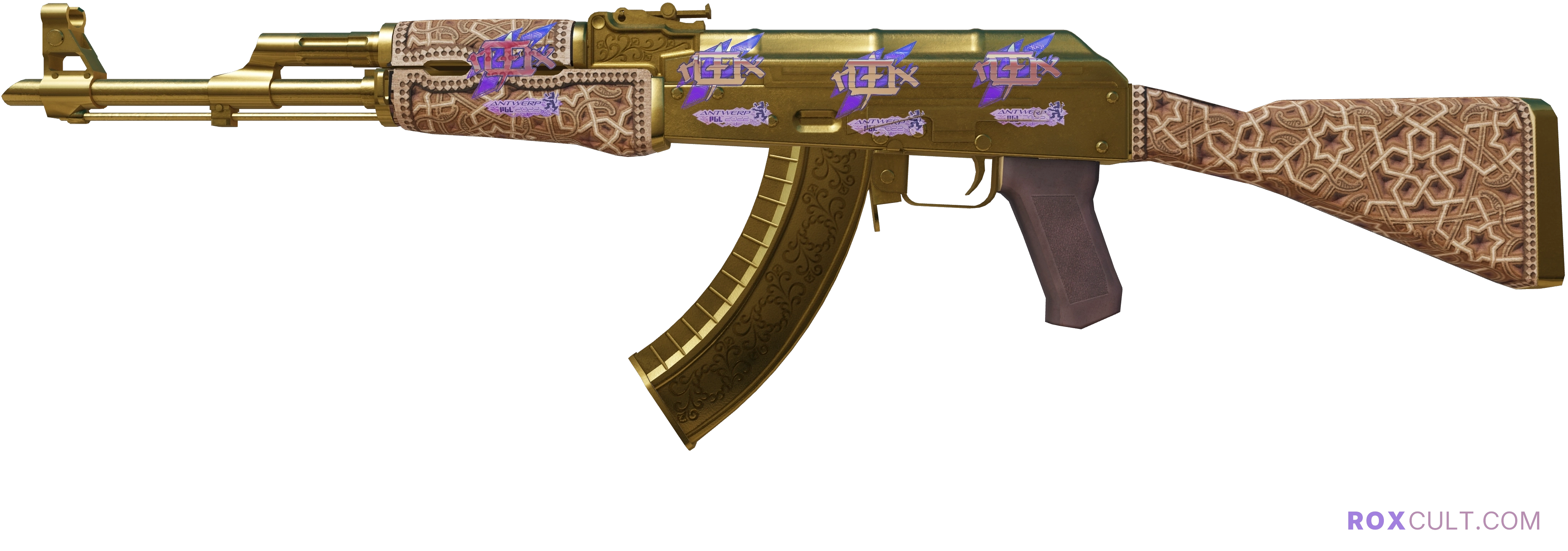 AK-47 | Gold Arabesque (Minimal Wear) — rox (Holo) Antwerp 2022 craft, playside view with 4 rox (Holo) stickers
