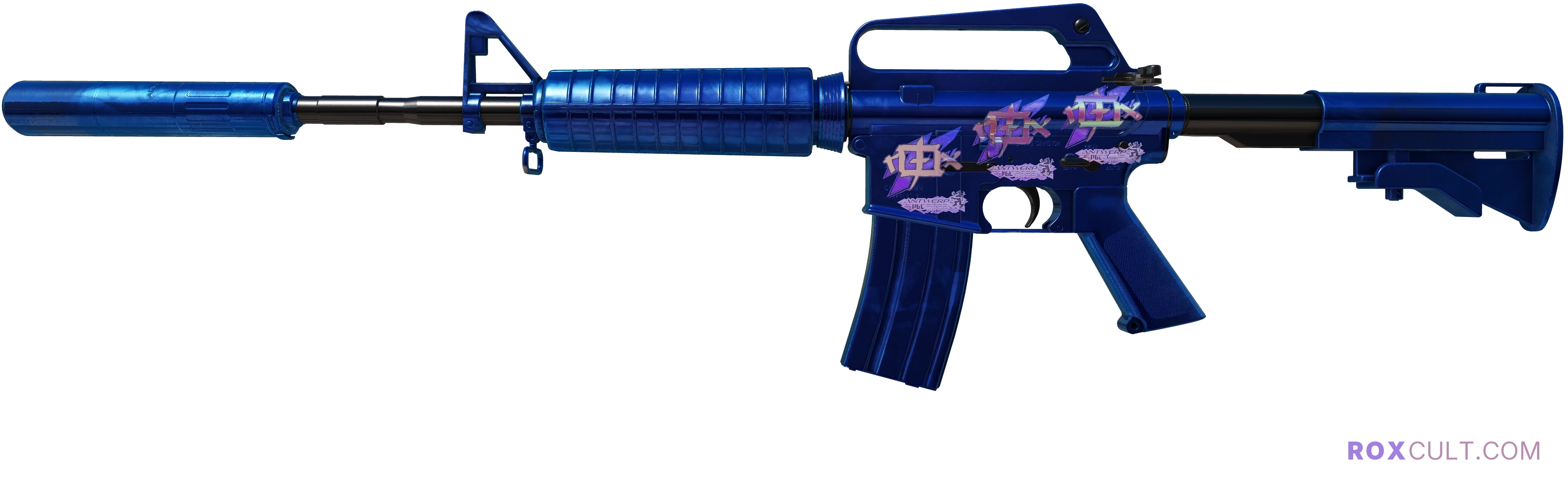 M4A1-S | Blue Phosphor (Factory New) — rox (Holo) Antwerp 2022 craft, playside view with 3 rox (Holo) stickers