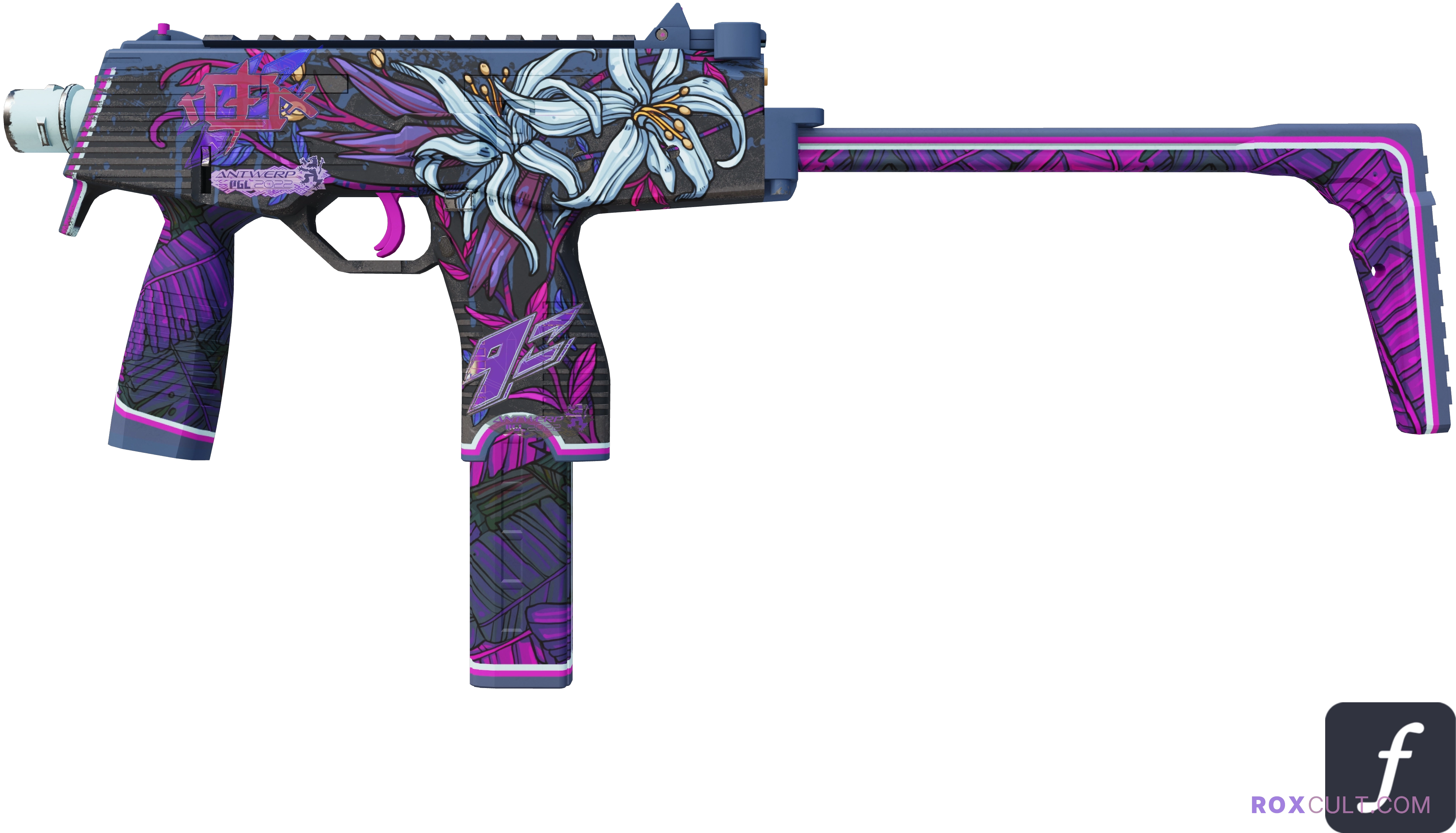 MP9 | Wild Lily (Factory New) — rox (Holo) Antwerp 2022 craft, playside view with 1 rox (Holo) sticker