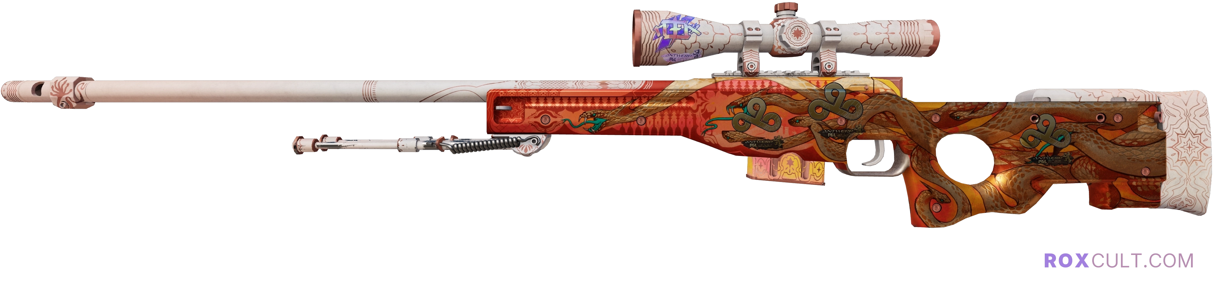 AWP | Desert Hydra (Field-Tested) — rox (Holo) Antwerp 2022 craft, playside view with 1 rox (Holo) sticker