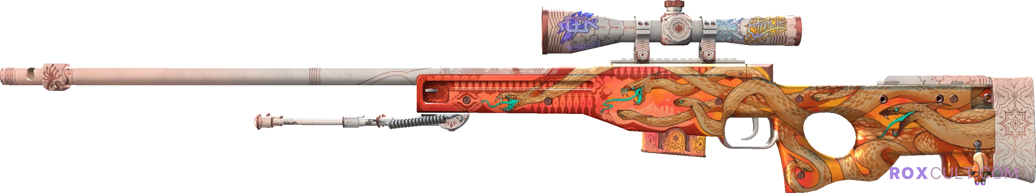 AWP | Desert Hydra (Field-Tested) — rox (Holo) Antwerp 2022 craft, playside view with 1 rox (Holo) sticker
