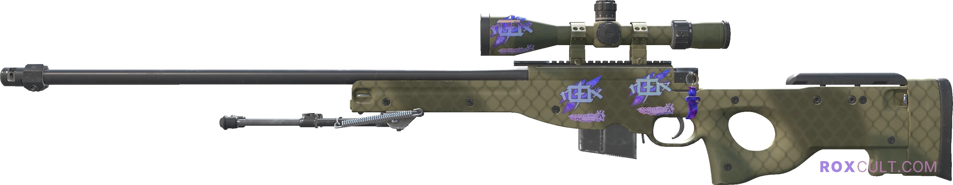 AWP | Safari Mesh (Factory New) — rox (Holo) Antwerp 2022 craft, playside view with 3 rox (Holo) stickers