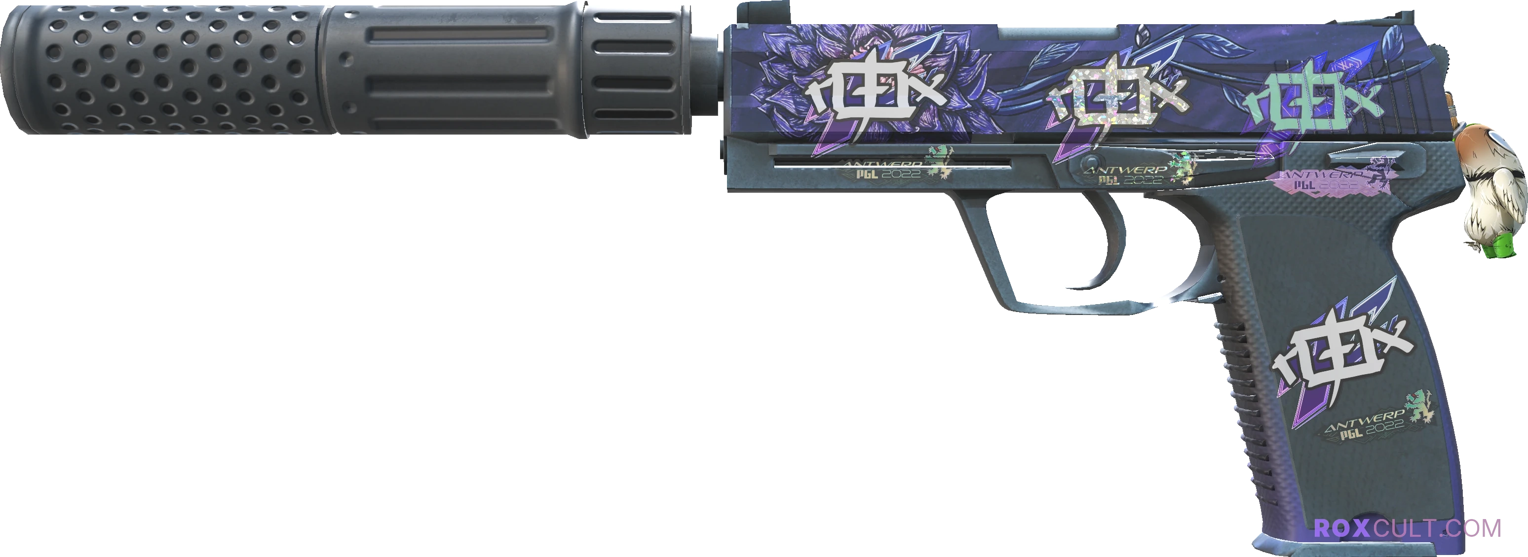 USP-S | Black Lotus (Factory New) — rox (Holo) Antwerp 2022 craft, playside view with 1 rox (Holo) sticker
