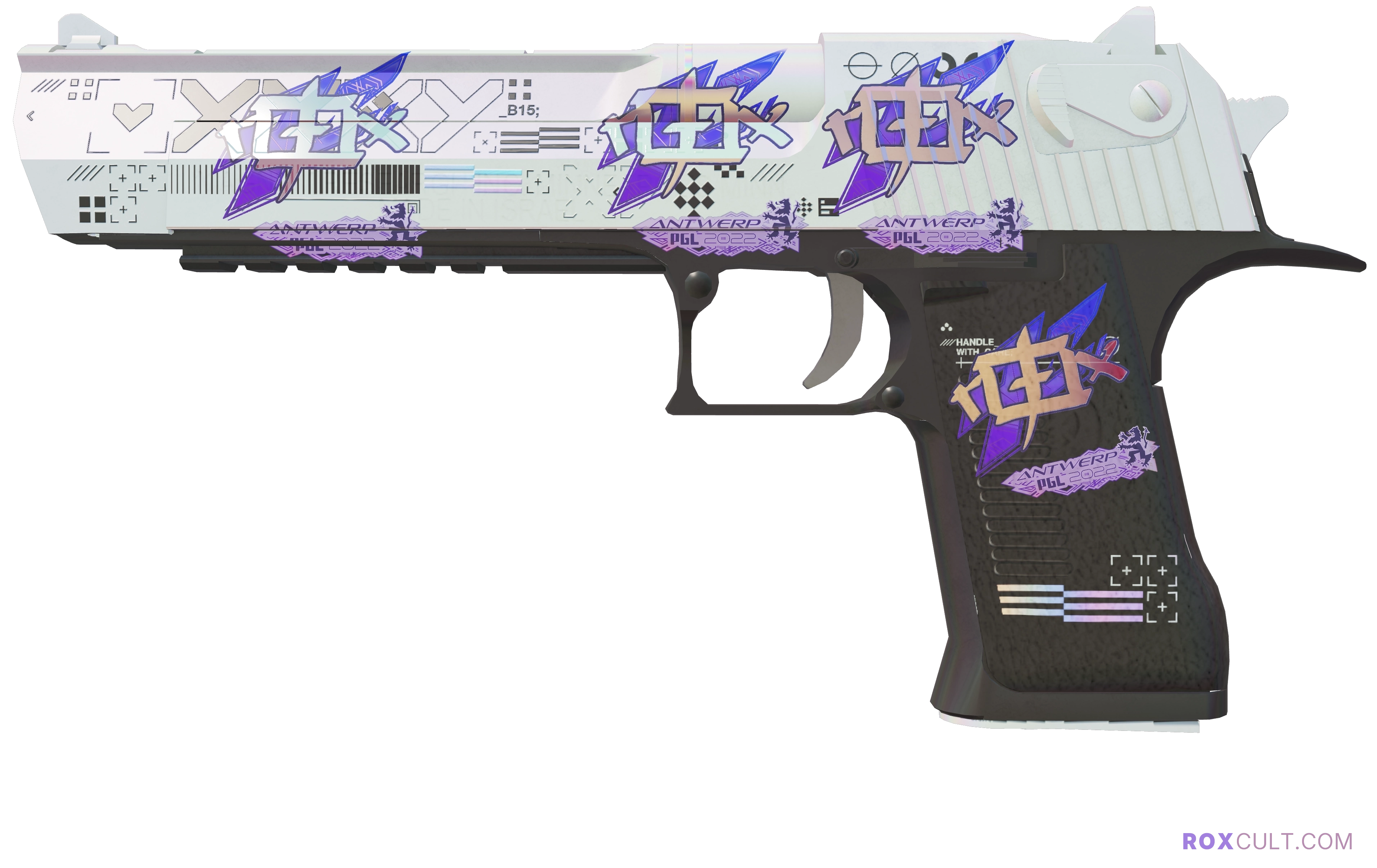Desert Eagle | Printstream (Factory New) — rox (Holo) Antwerp 2022 craft, playside view with 4 rox (Holo) stickers