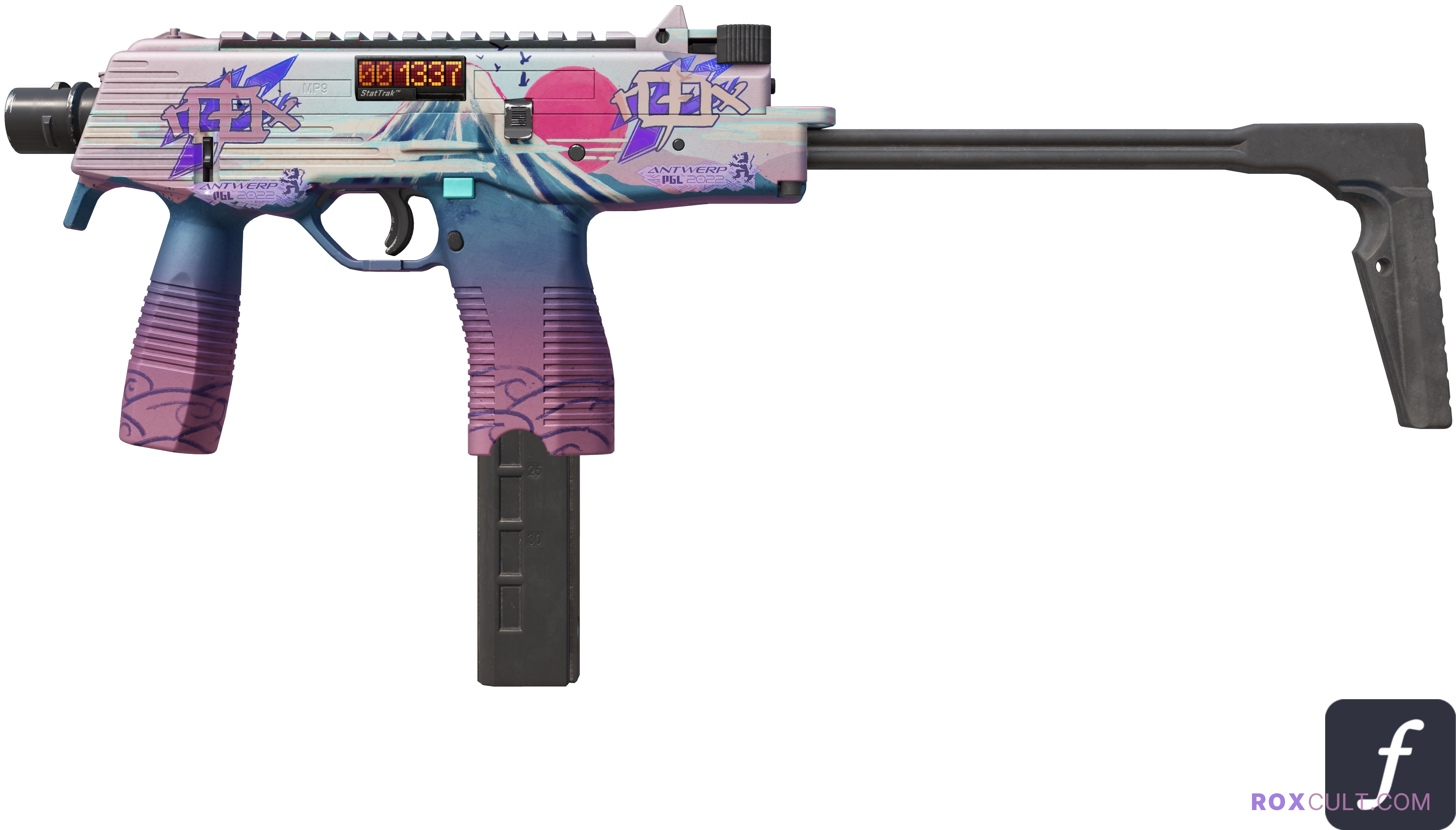 StatTrak™ MP9 | Mount Fuji (Factory New) — rox (Holo) Antwerp 2022 craft, playside view with 2 rox (Holo) stickers