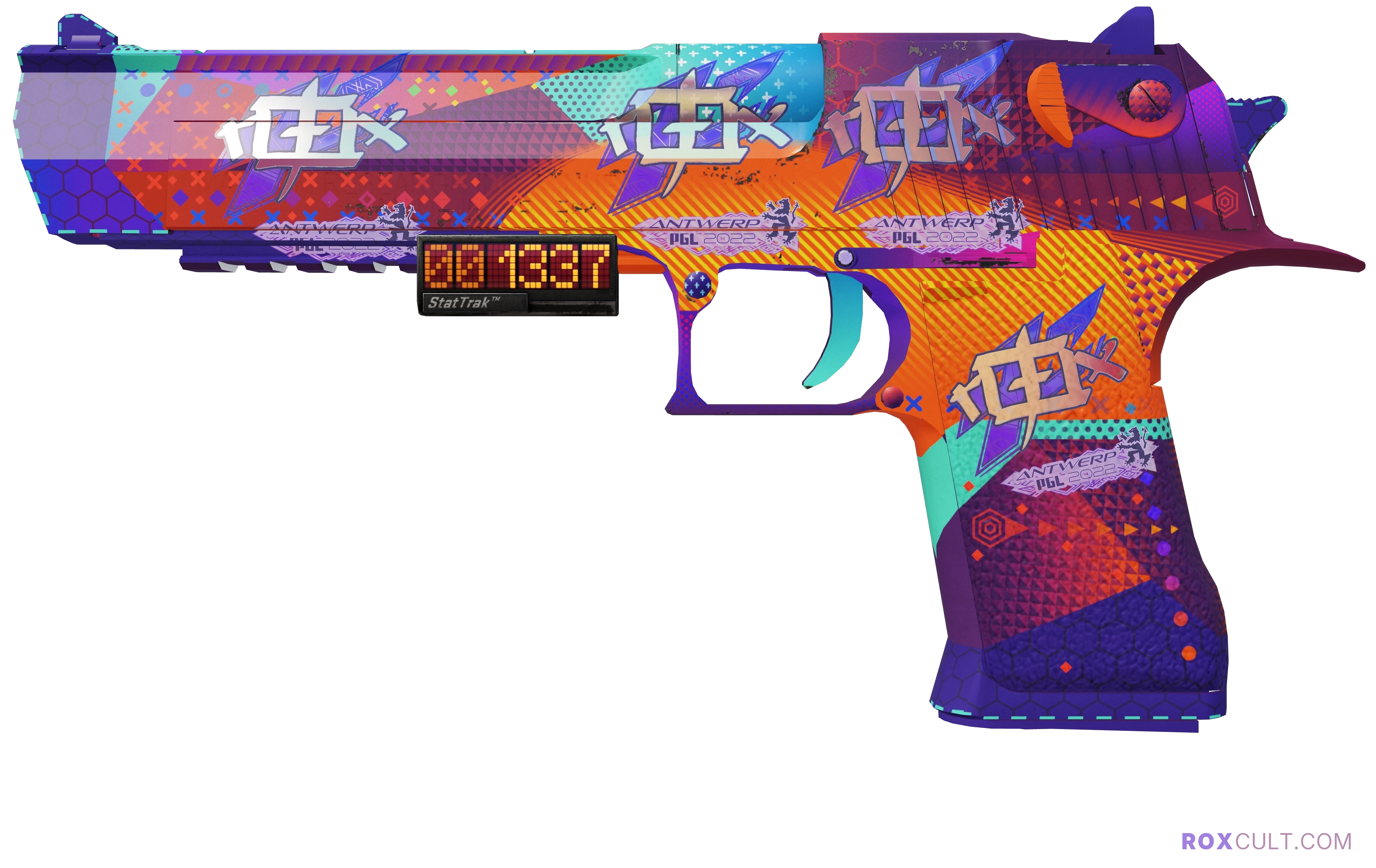 StatTrak™ Desert Eagle | Ocean Drive (Minimal Wear) — rox (Holo) Antwerp 2022 craft, playside view with 4 rox (Holo) stickers