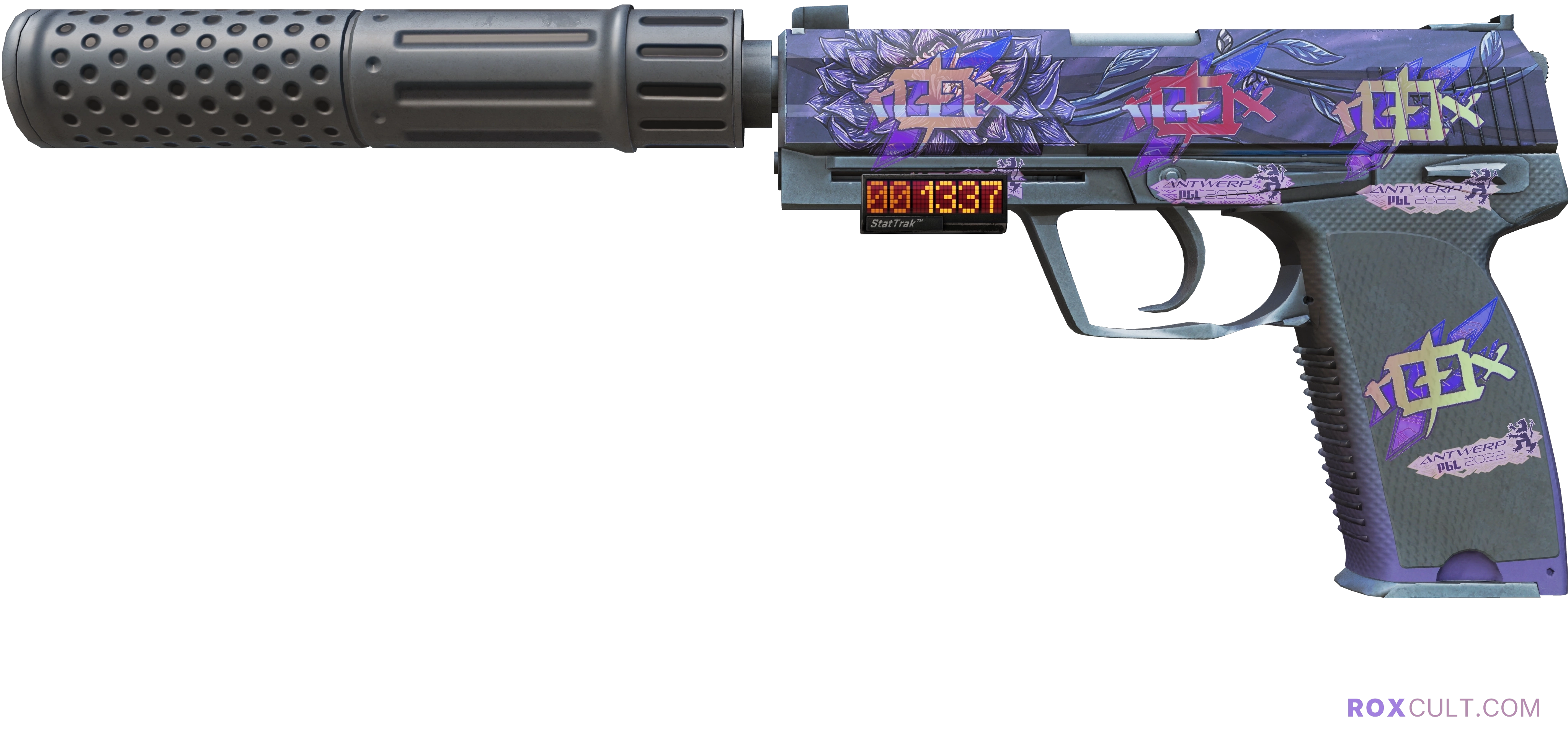 StatTrak™ USP-S | Black Lotus (Factory New) — rox (Holo) Antwerp 2022 craft, playside view with 4 rox (Holo) stickers