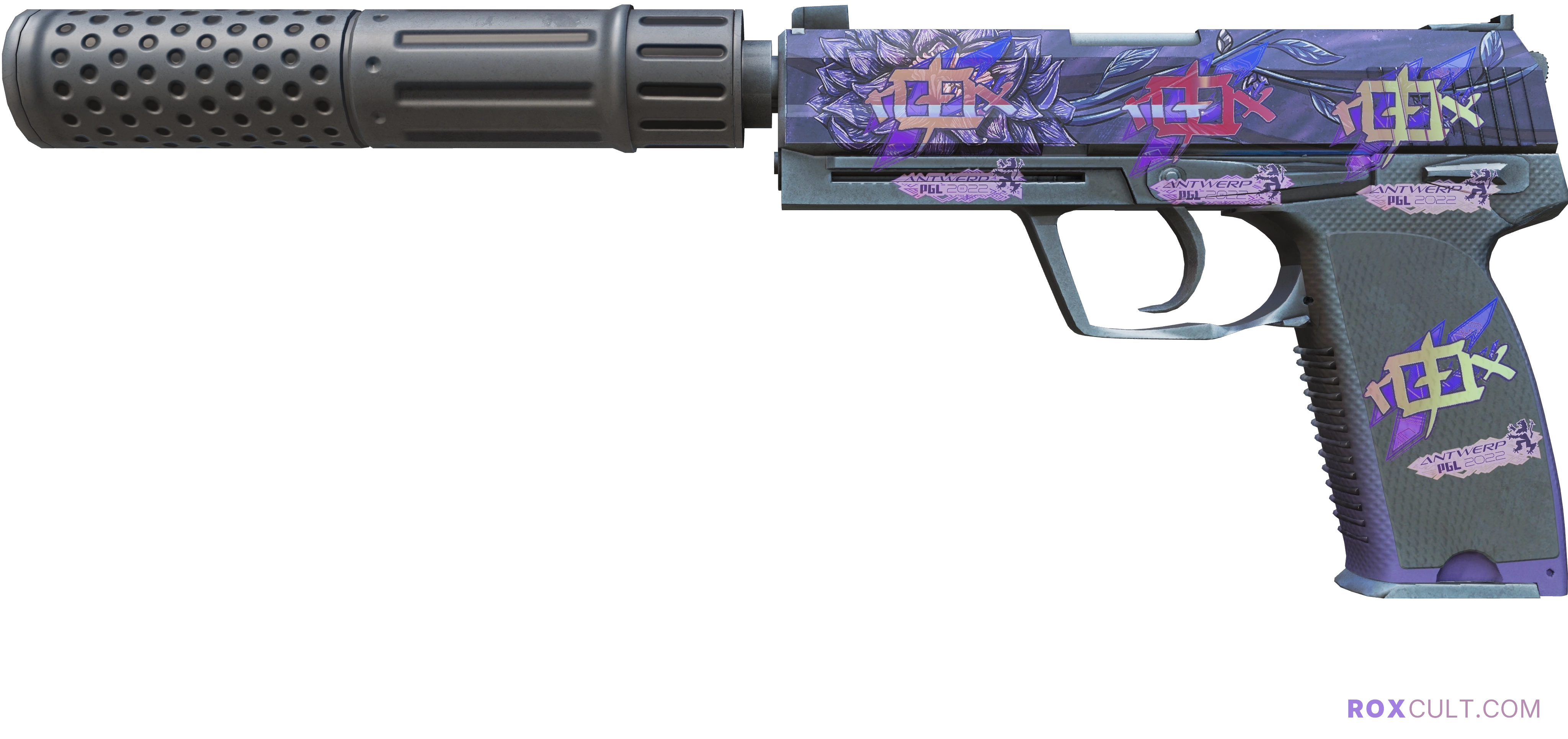 USP-S | Black Lotus (Factory New) — rox (Holo) Antwerp 2022 craft, playside view with 4 rox (Holo) stickers