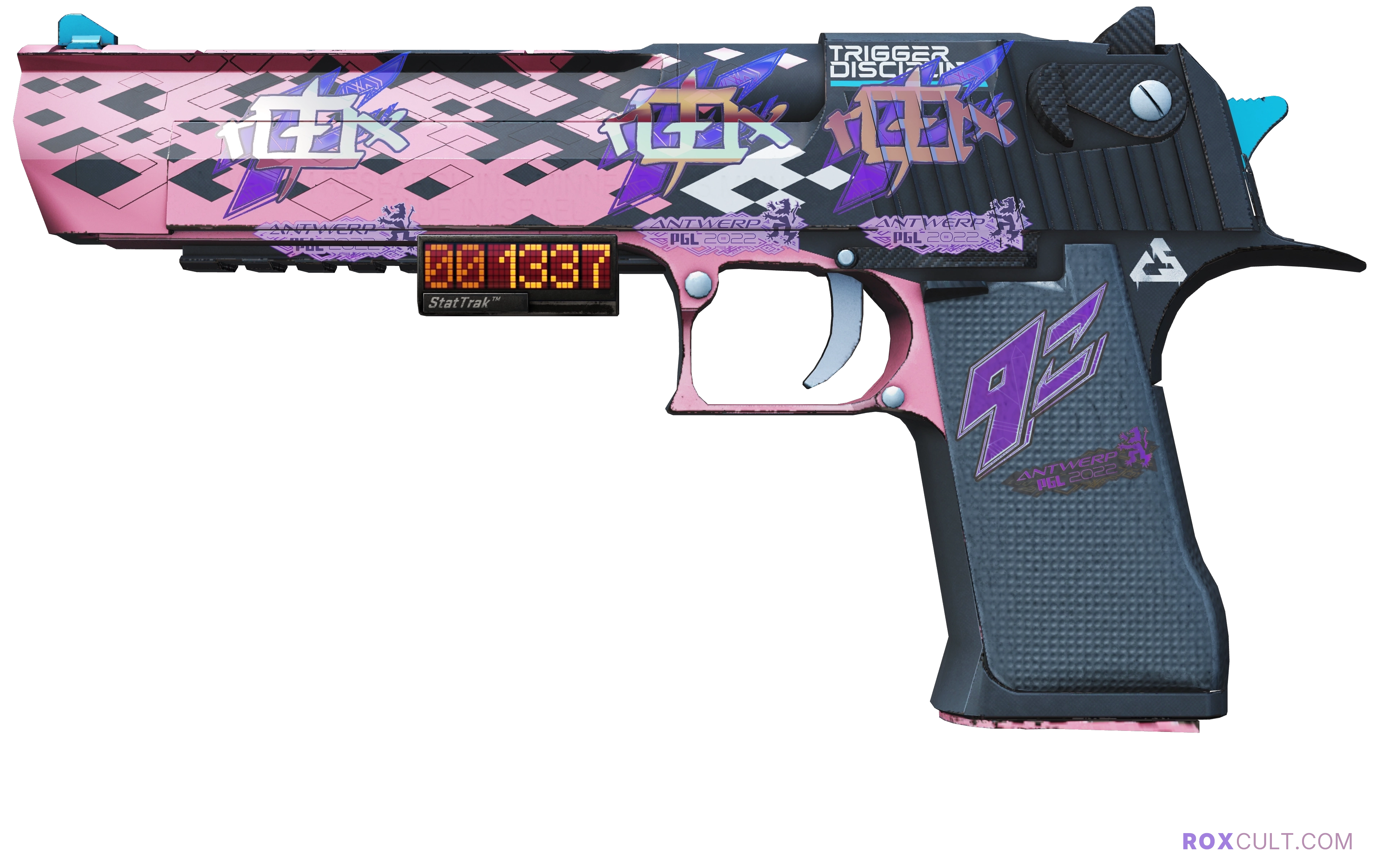 StatTrak™ Desert Eagle | Trigger Discipline (Factory New) — rox (Holo) Antwerp 2022 craft, playside view with 3 rox (Holo) stickers