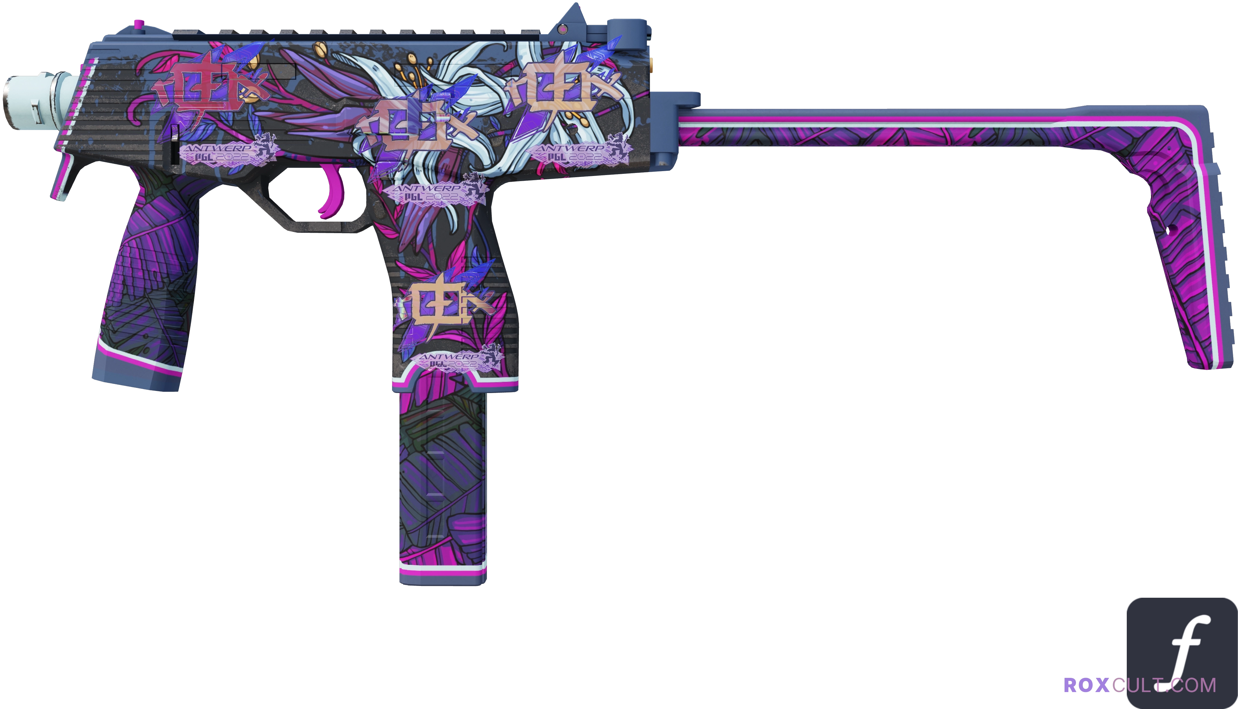 MP9 | Wild Lily (Factory New) — rox (Holo) Antwerp 2022 craft, playside view with 4 rox (Holo) stickers