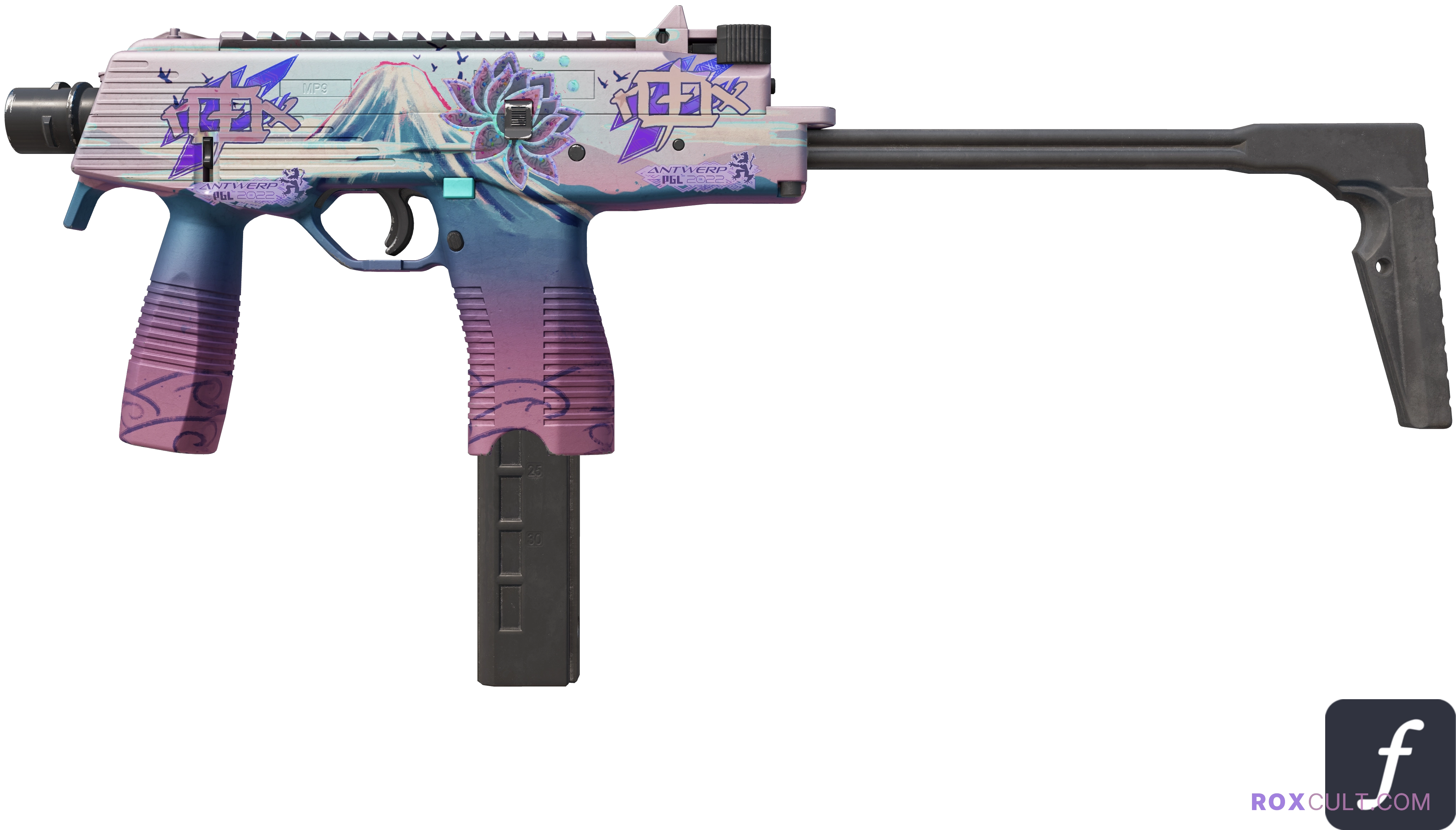 MP9 | Mount Fuji (Factory New) — rox (Holo) Antwerp 2022 craft, playside view with 2 rox (Holo) stickers