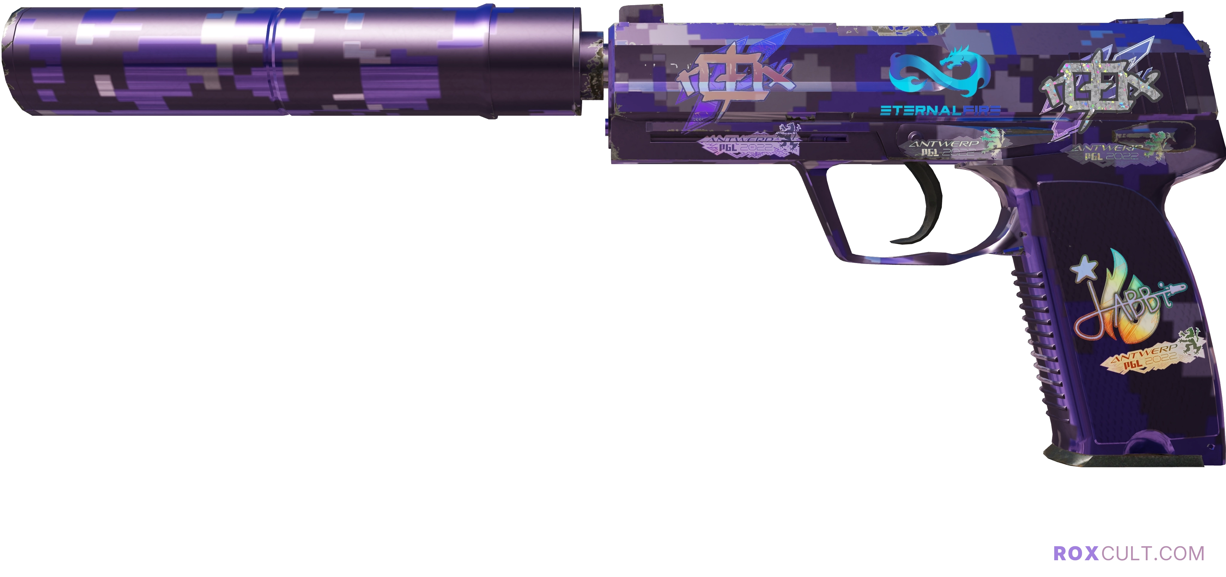 USP-S | Purple DDPAT (Factory New) — rox (Holo) Antwerp 2022 craft, playside view with 1 rox (Holo) sticker