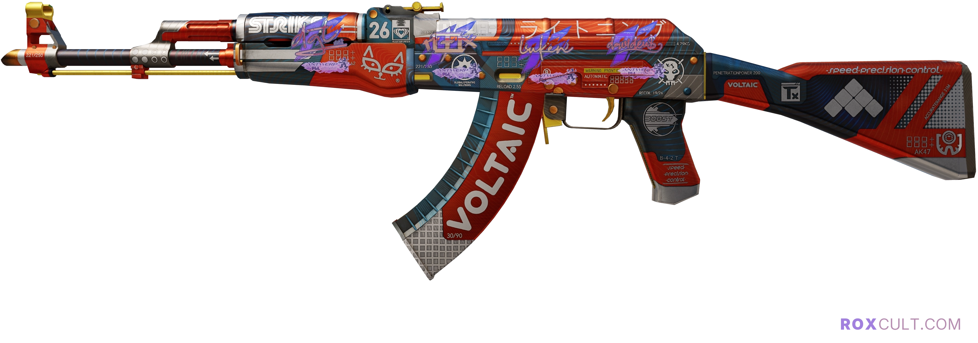 AK-47 | Bloodsport (Factory New) — rox (Holo) Antwerp 2022 craft, playside view with 1 rox (Holo) sticker