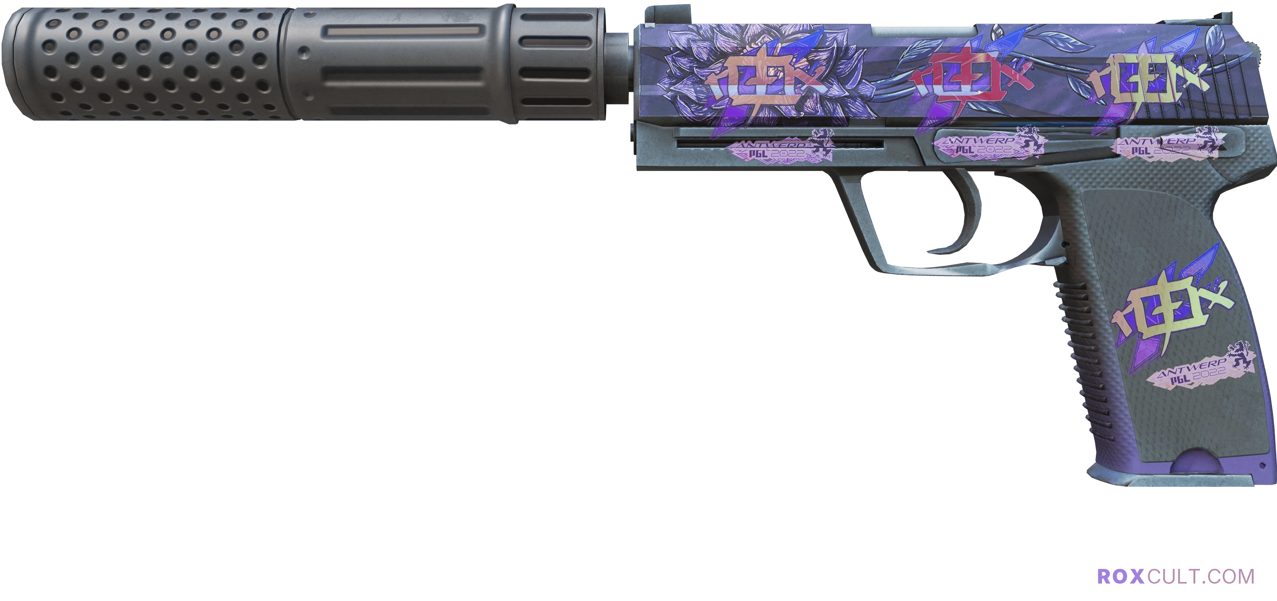 USP-S | Black Lotus (Factory New) — rox (Holo) Antwerp 2022 craft, playside view with 4 rox (Holo) stickers