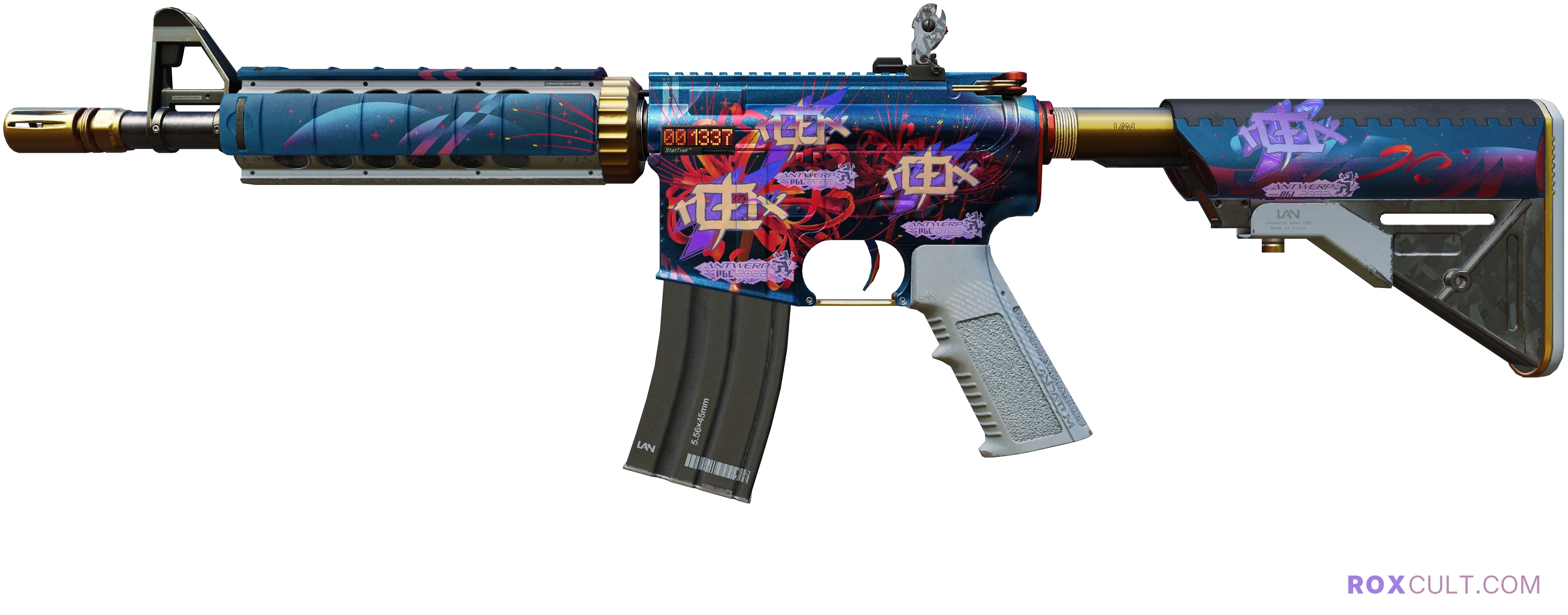 StatTrak™ M4A4 | Spider Lily (Factory New) — rox (Holo) Antwerp 2022 craft, playside view with 4 rox (Holo) stickers